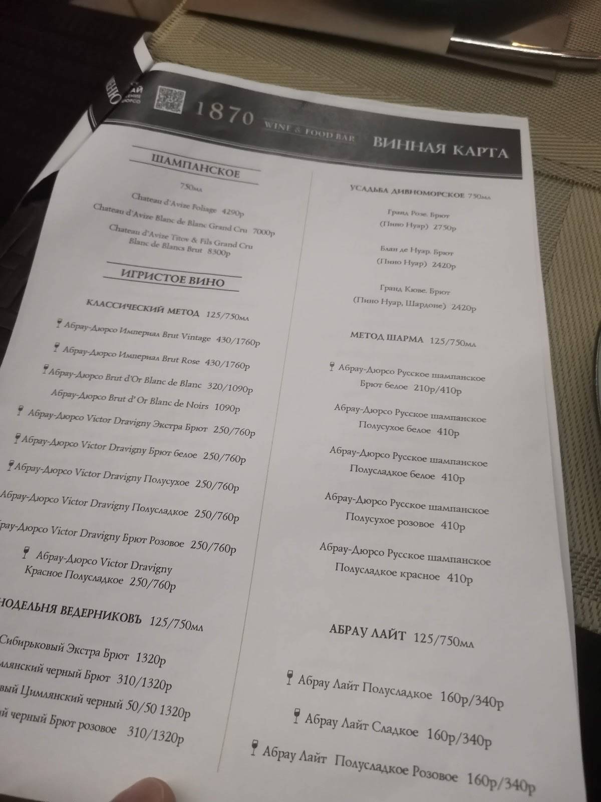 1870 Wine&Food Bar меню