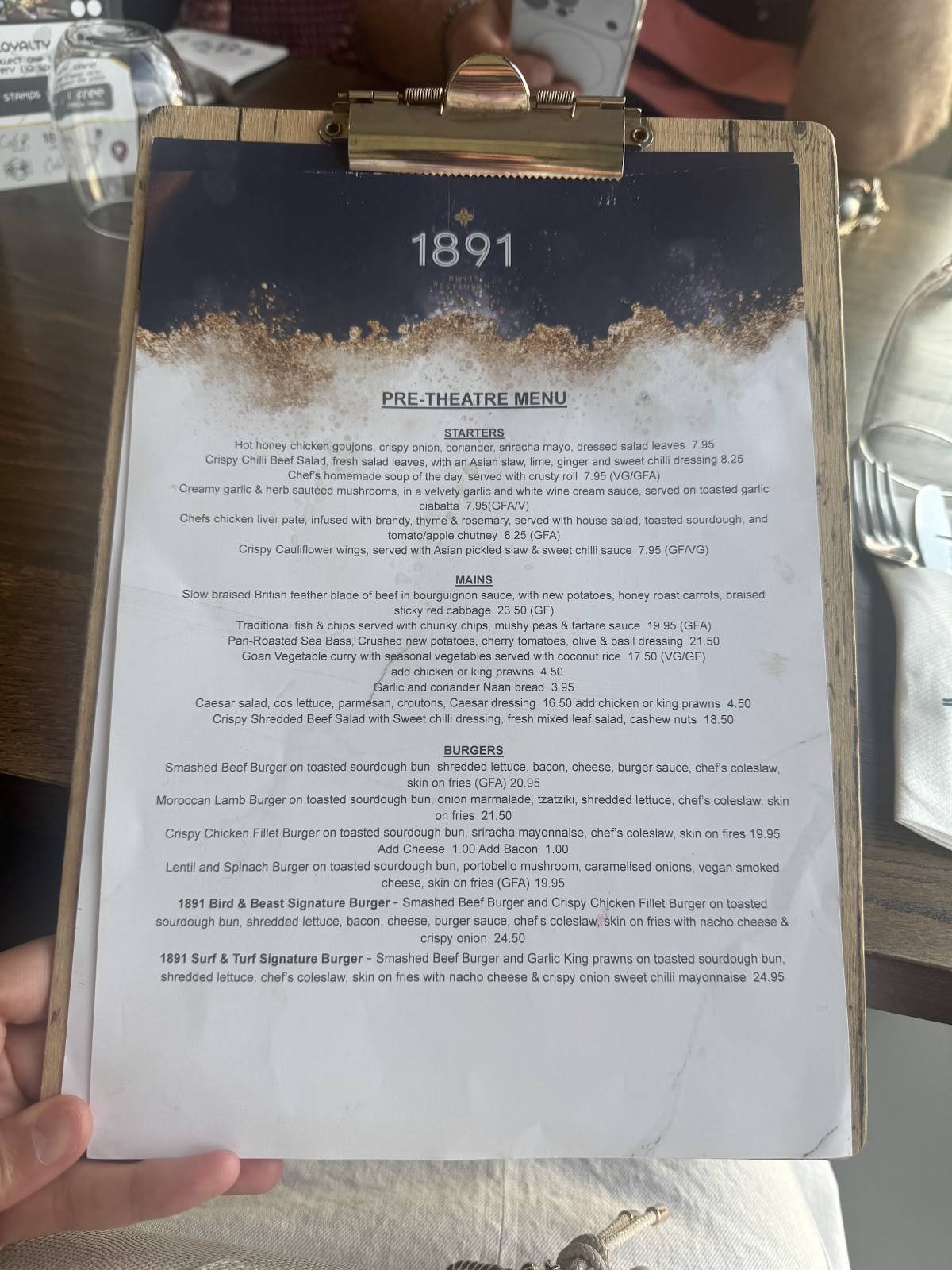 1891 Restaurant and Bar, Rhyl меню