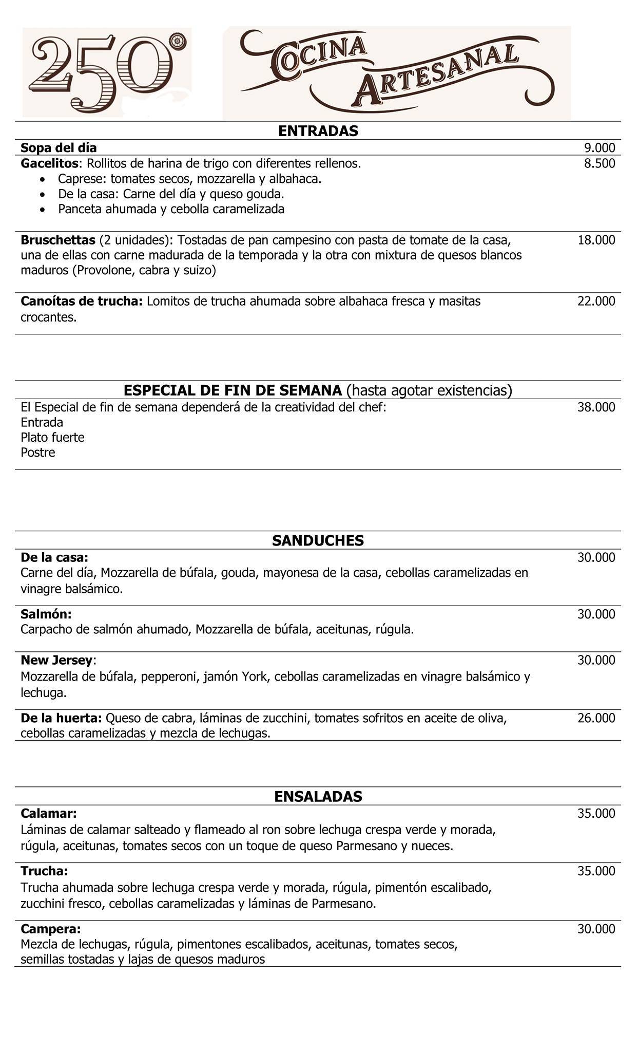 250 grados Retiro меню