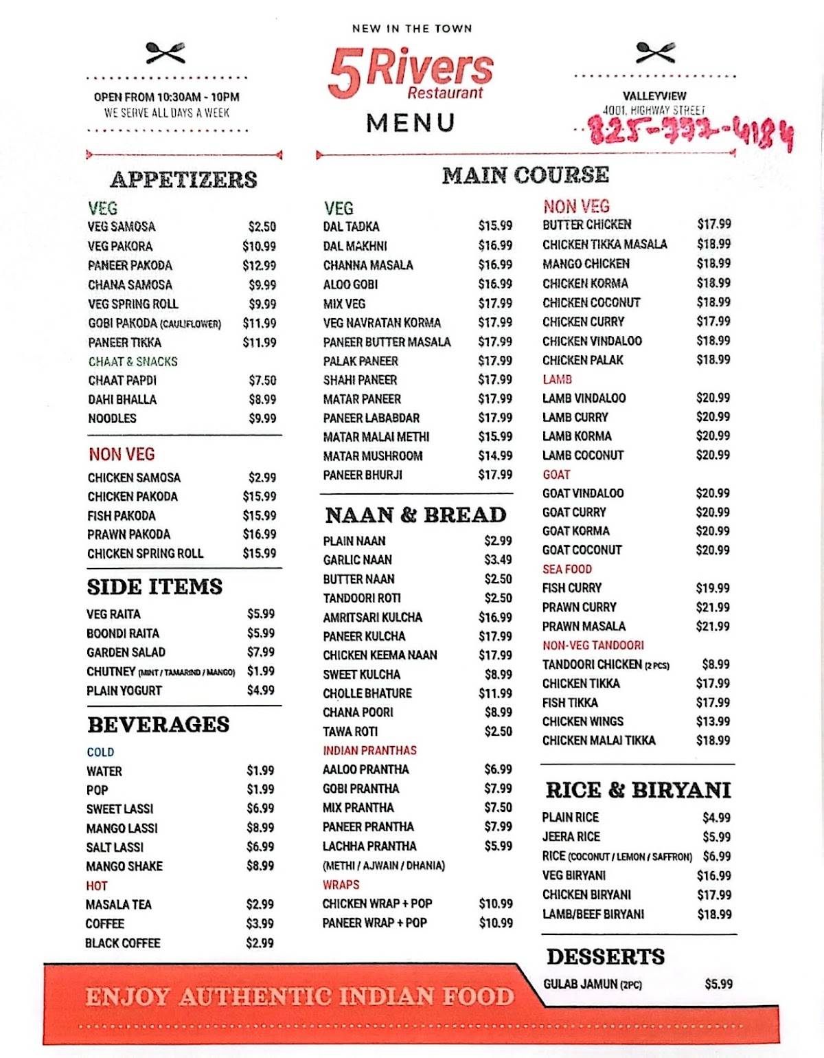 5 Rivers Restaurant ltd меню