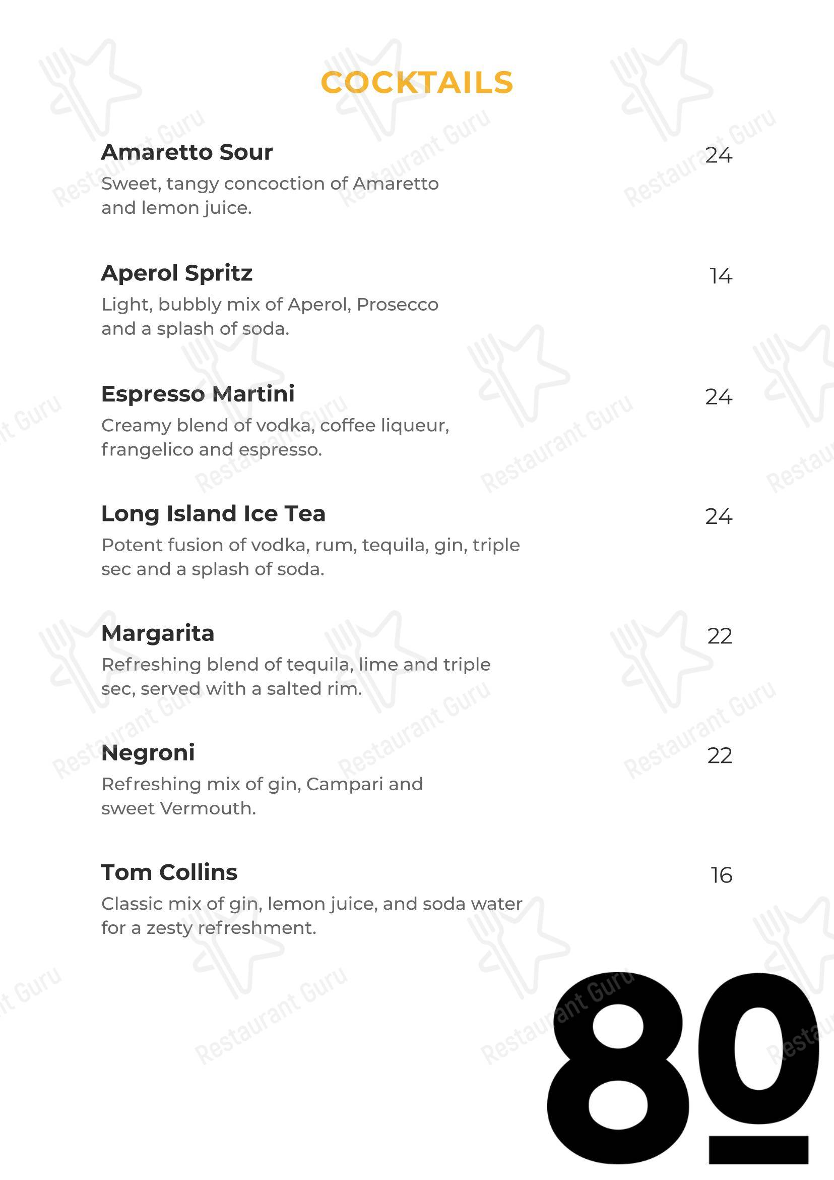 Ночное меню паба и бара 80 Bar & Cafe в Ултимо