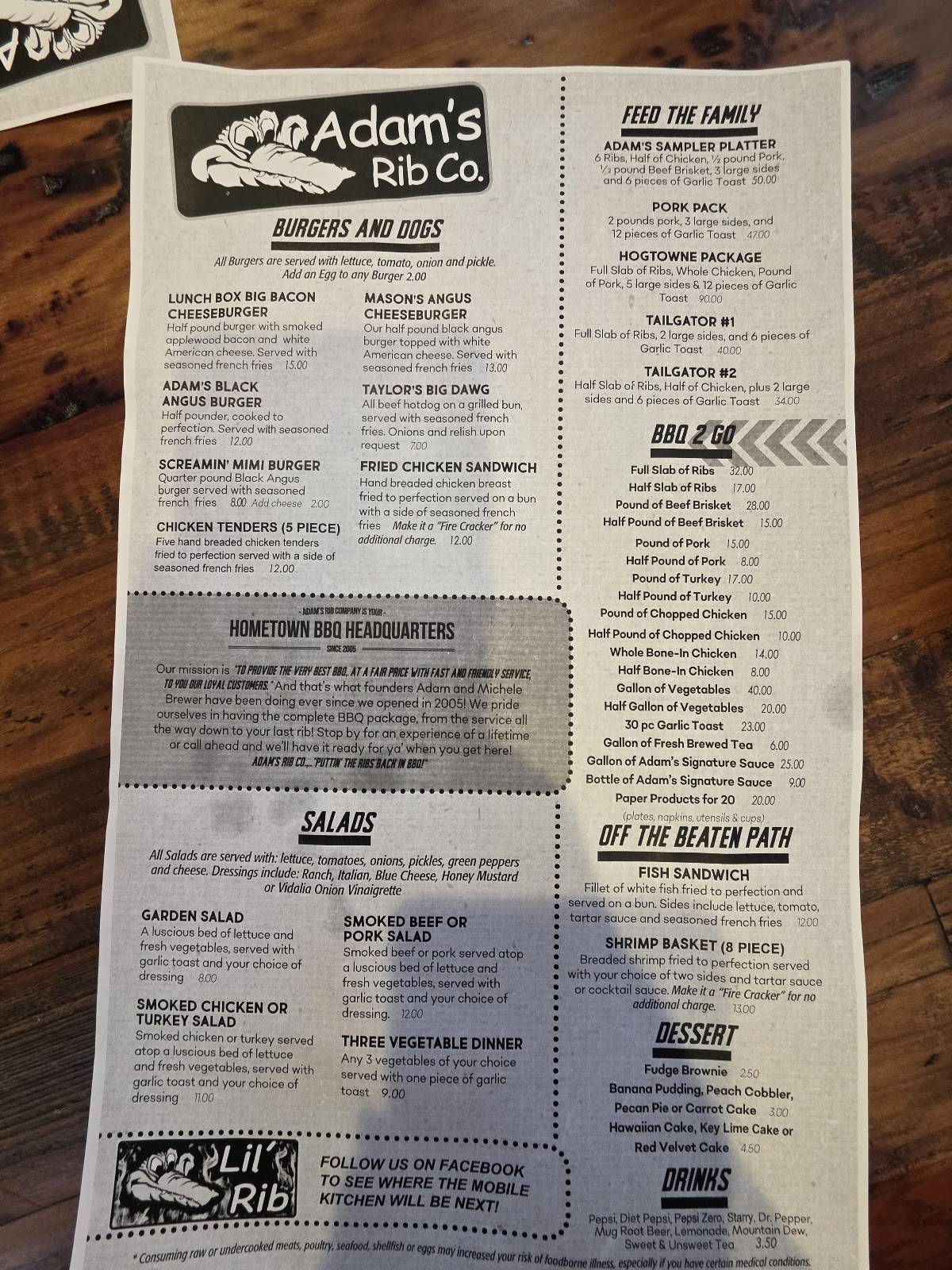 Adam's Rib Co. меню