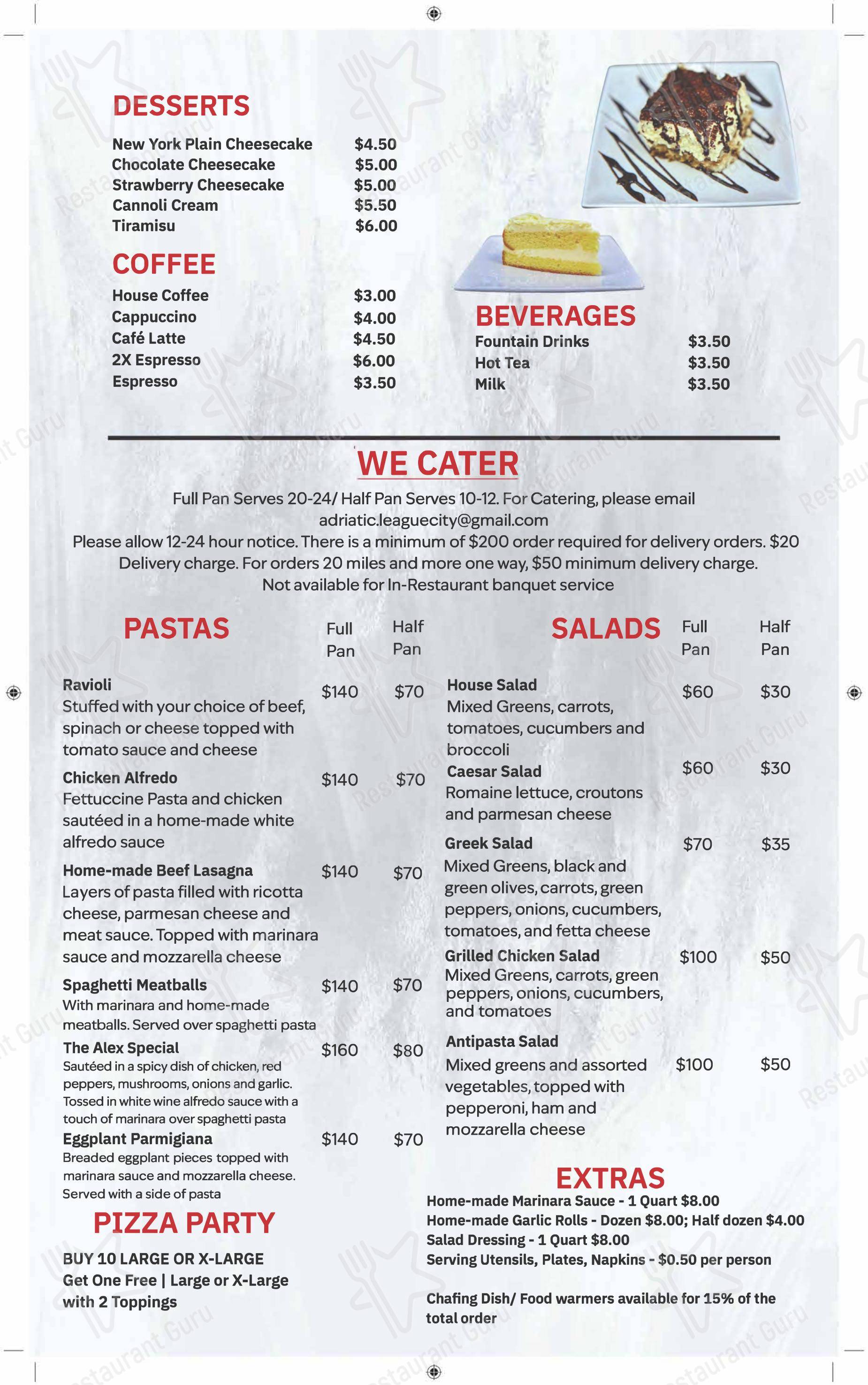 Меню паба и бара Adriatic Cafe Italian Grill Spring TX - At Home Catering Menu