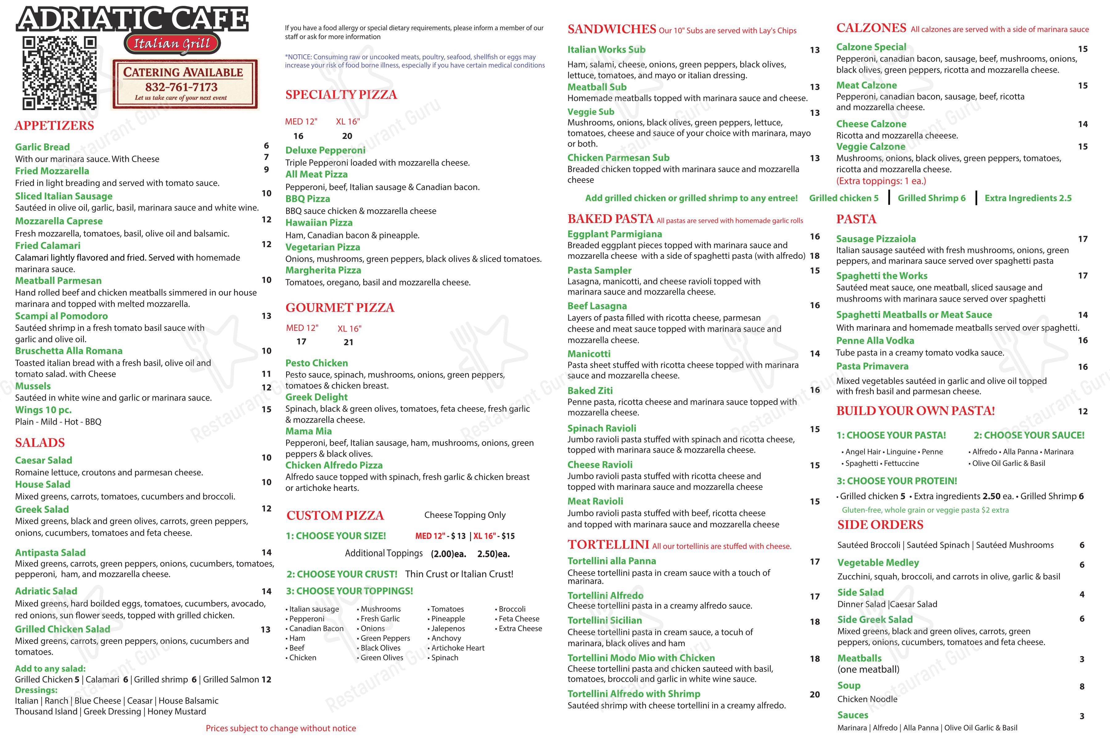 Adriatic Cafe Italian Grill Spring TX в Спринге - Takeaway Menu