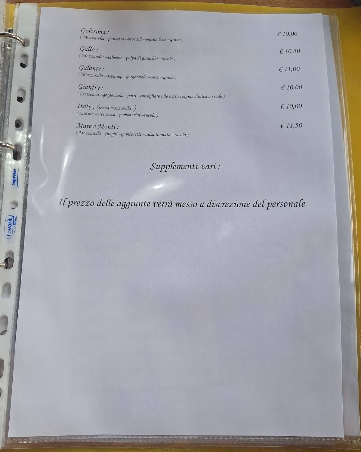 Al Castel меню
