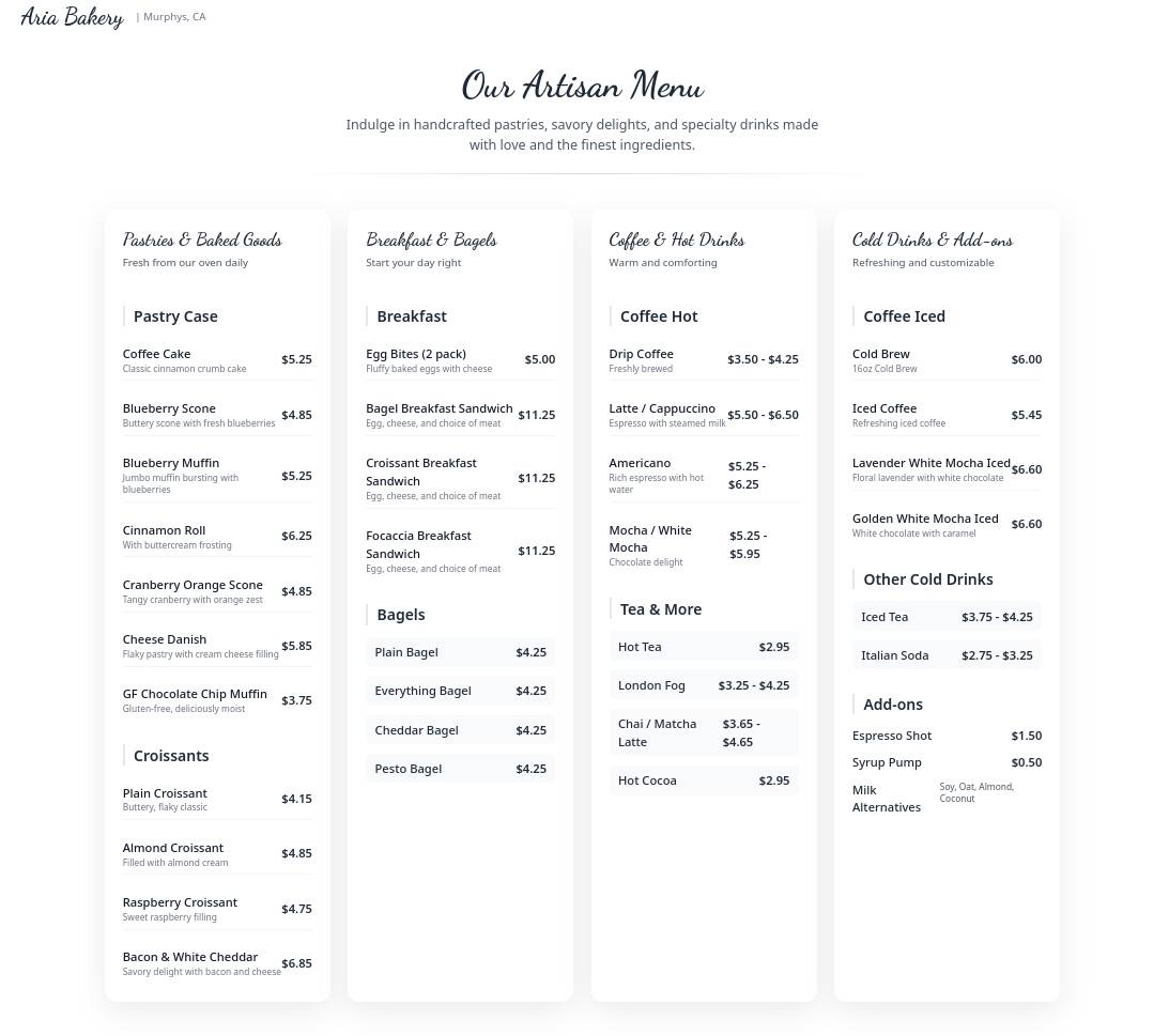 Aria Bakery & Cafe меню