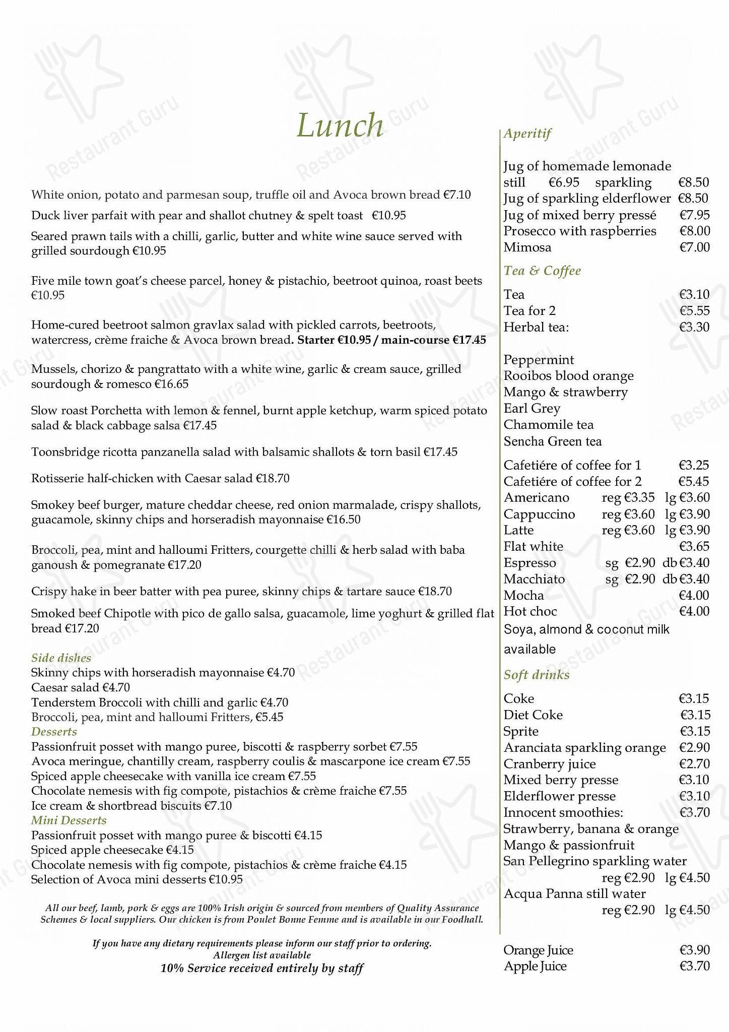 Меню напитков кафе Avoca Rathcoole в Раткуле