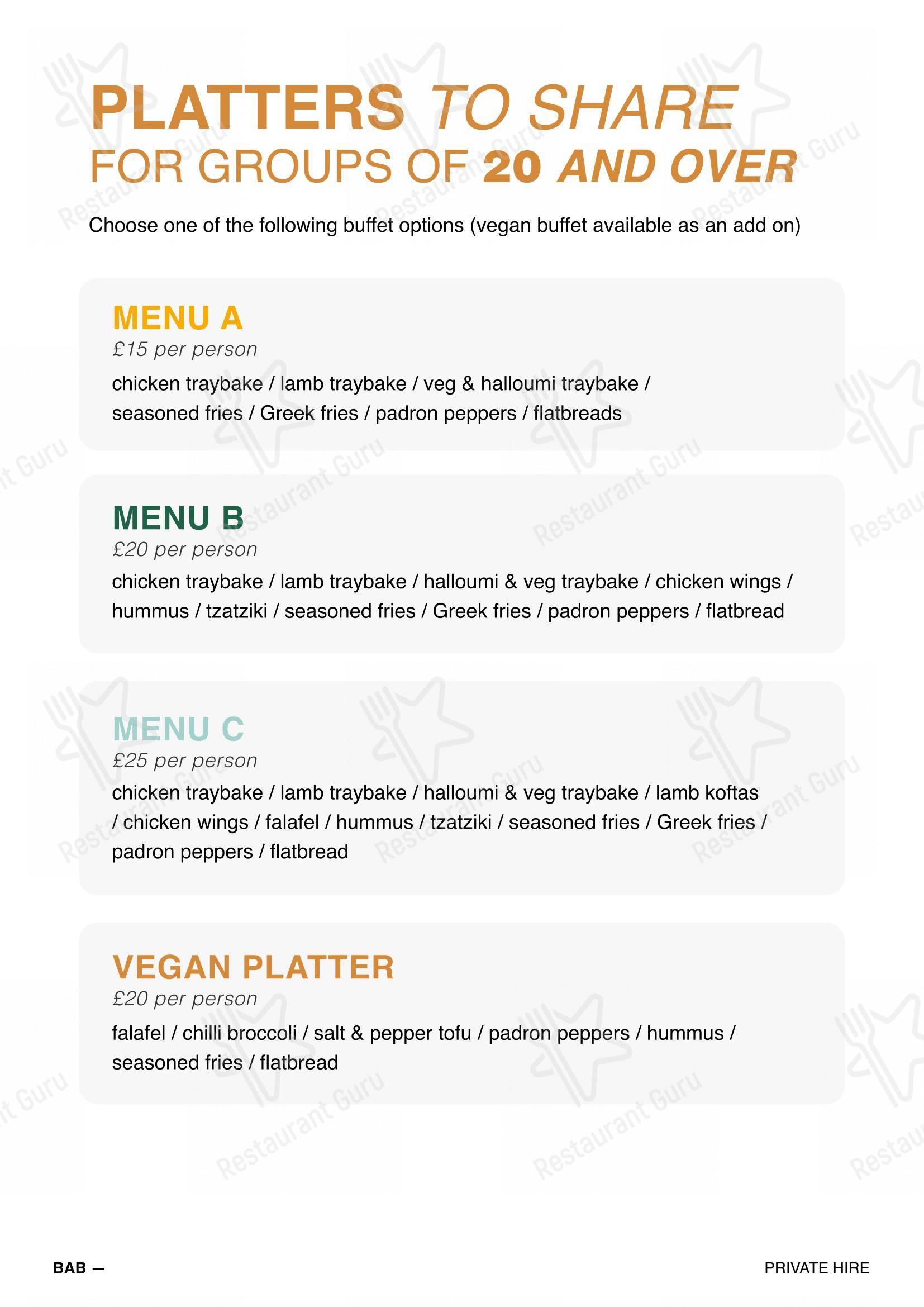 Lunch Menu ресторана BAB NQ в Манчестере