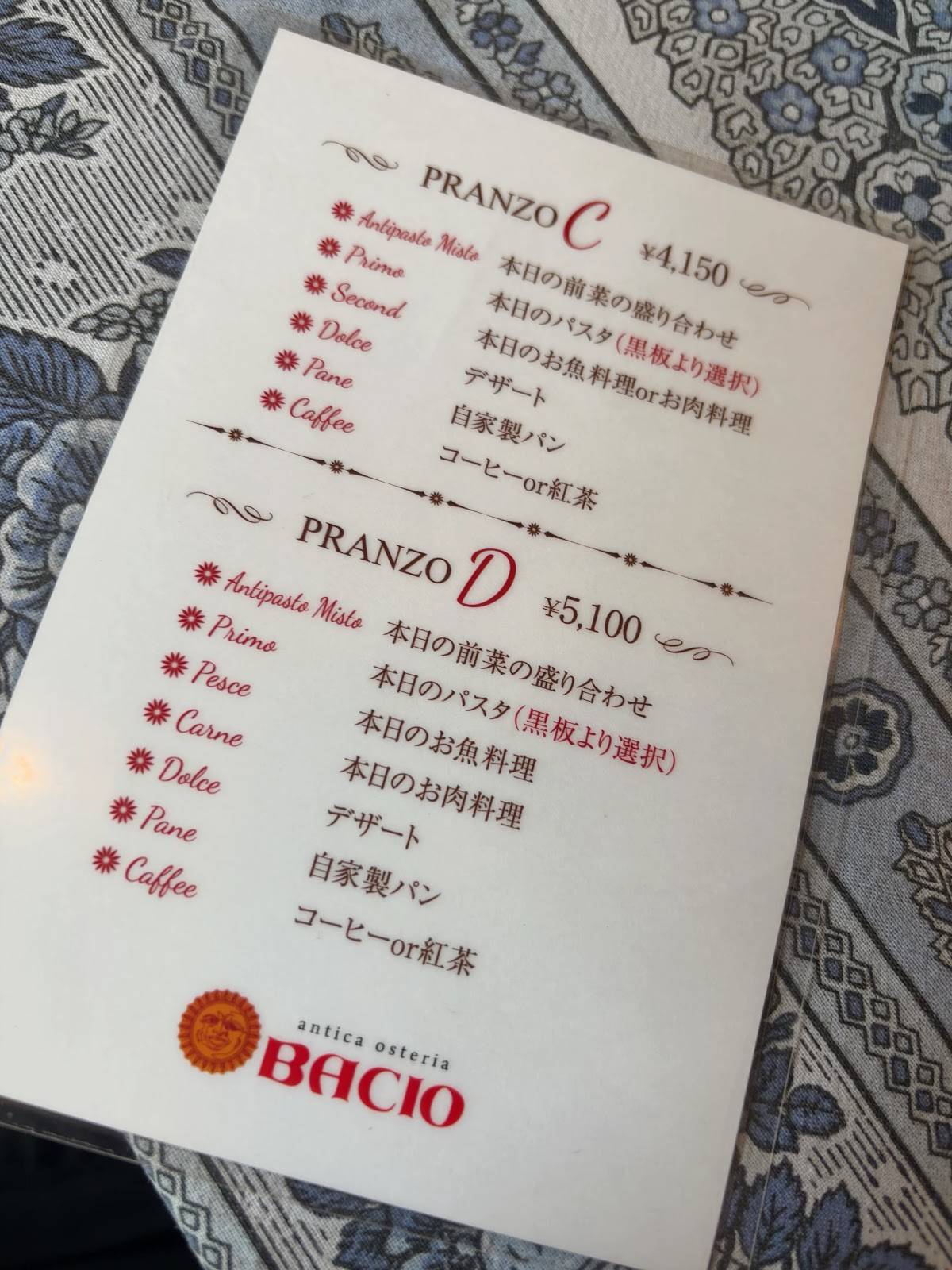 Bacio меню