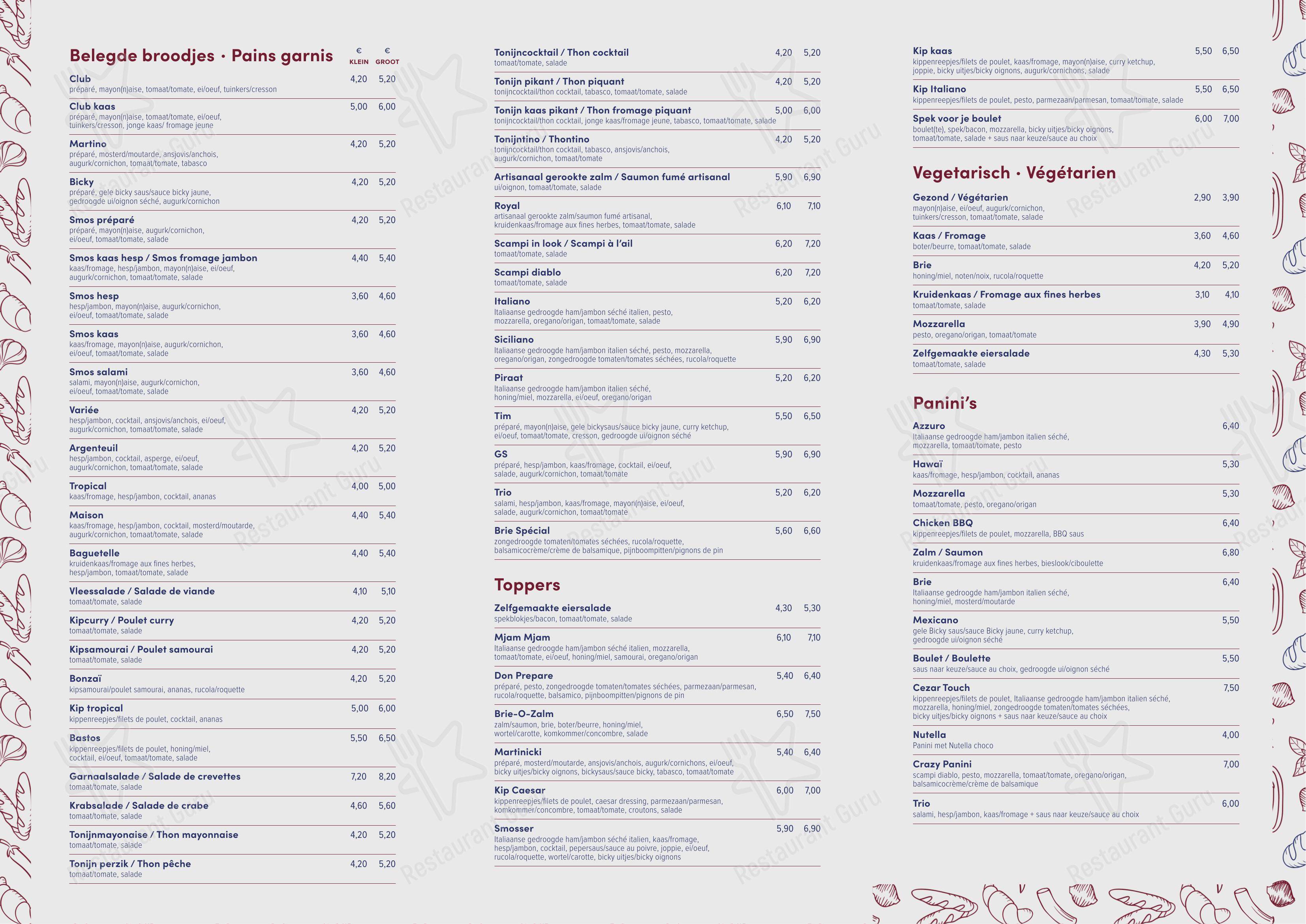Baguetelle в Ронсе - Меню