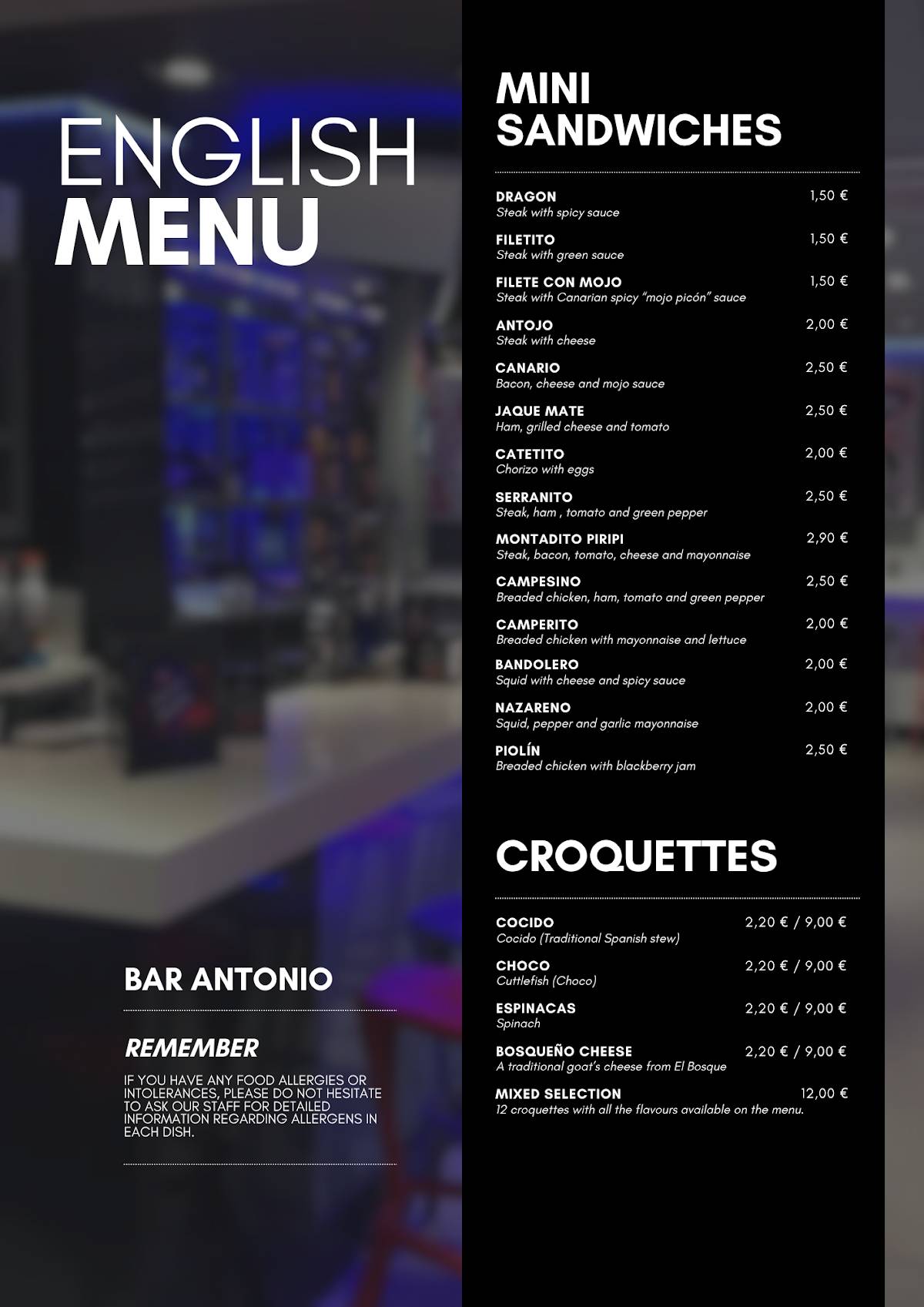Bar Antonio меню