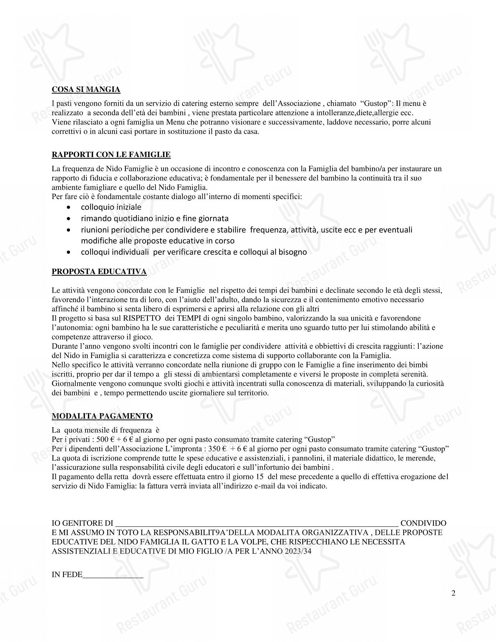 Bar BUM в Милане - Основное меню