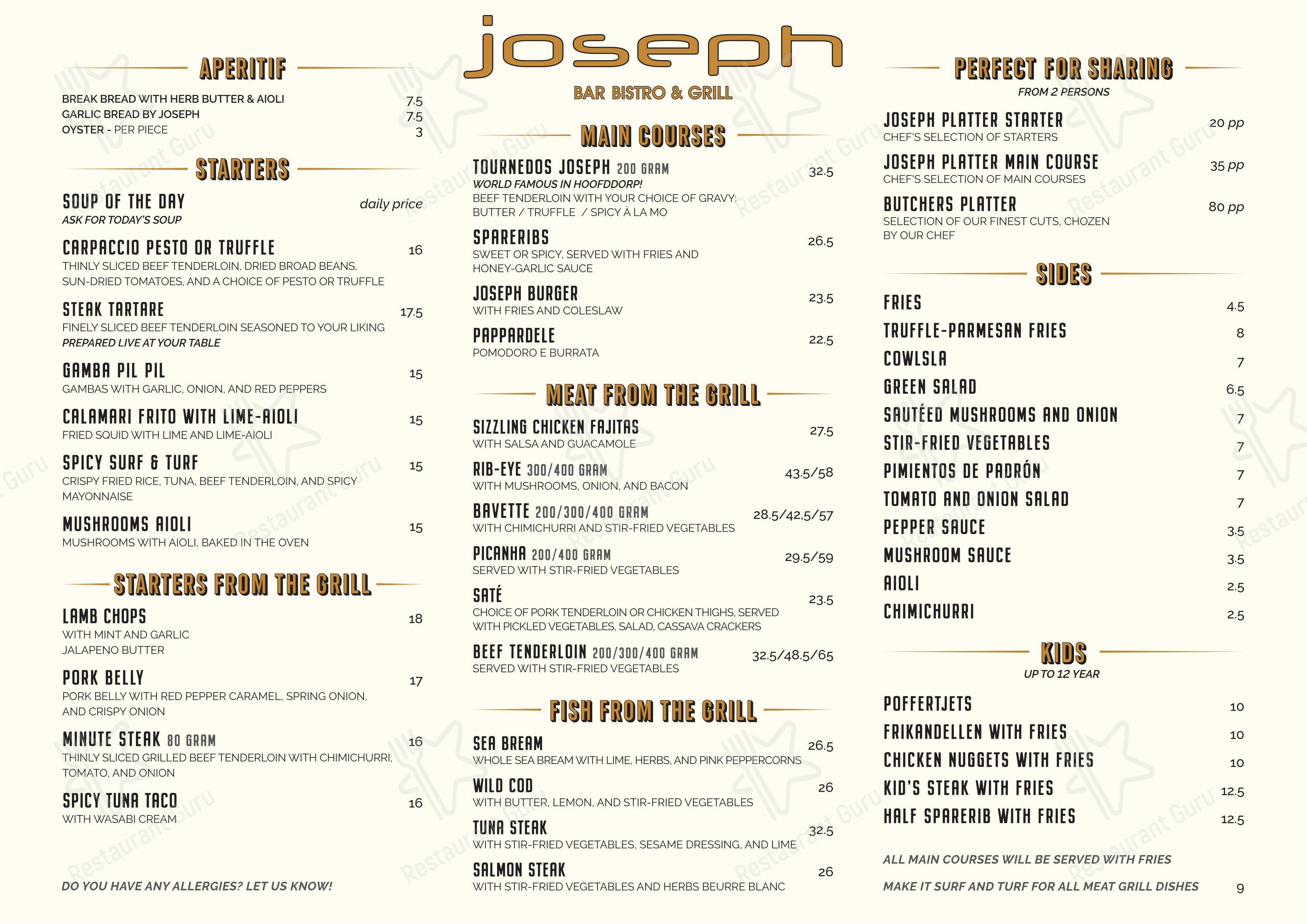 Меню паба и бара Bar Bistro Joseph - Меню