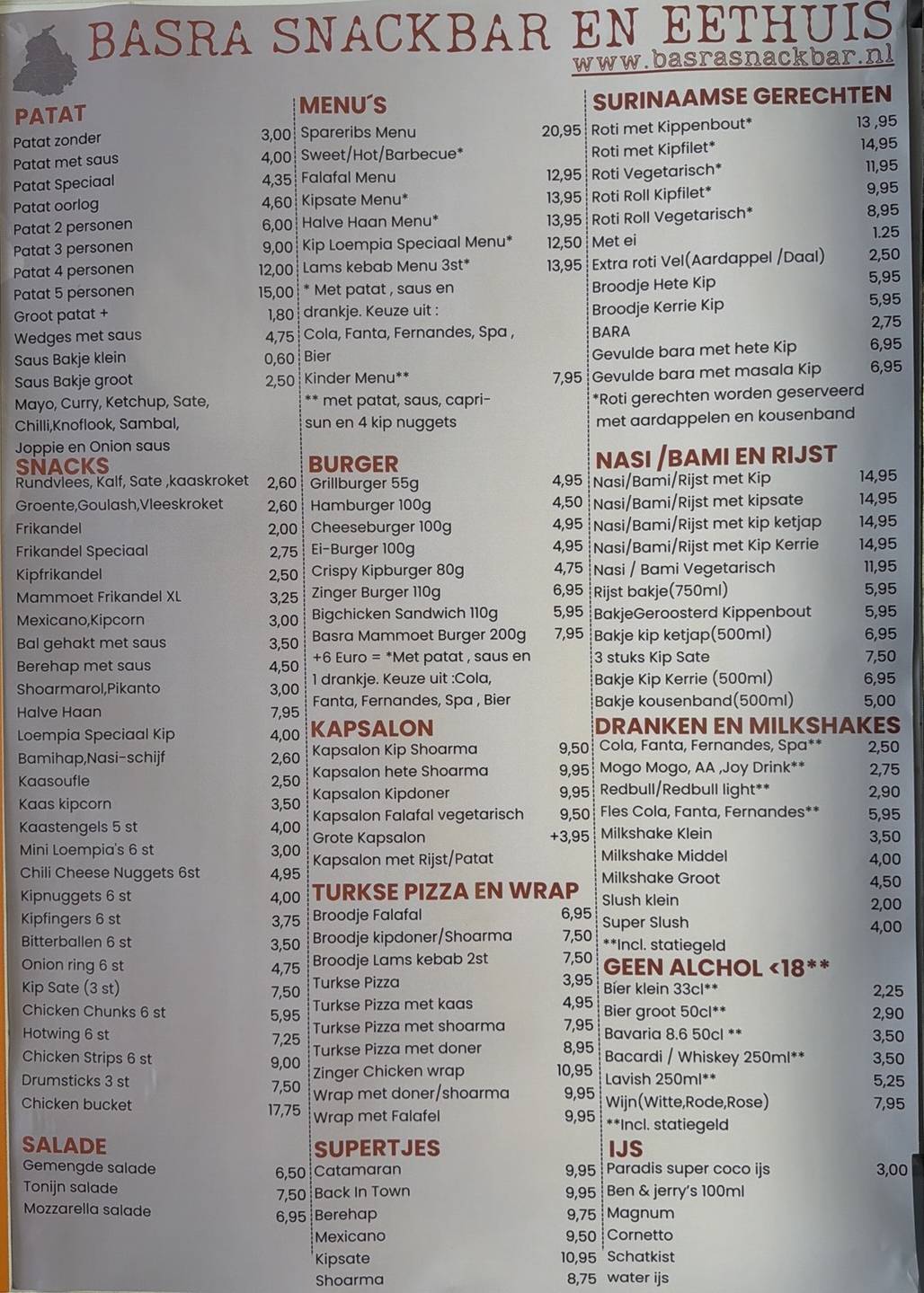 Basra Snackbar en Eethuis меню