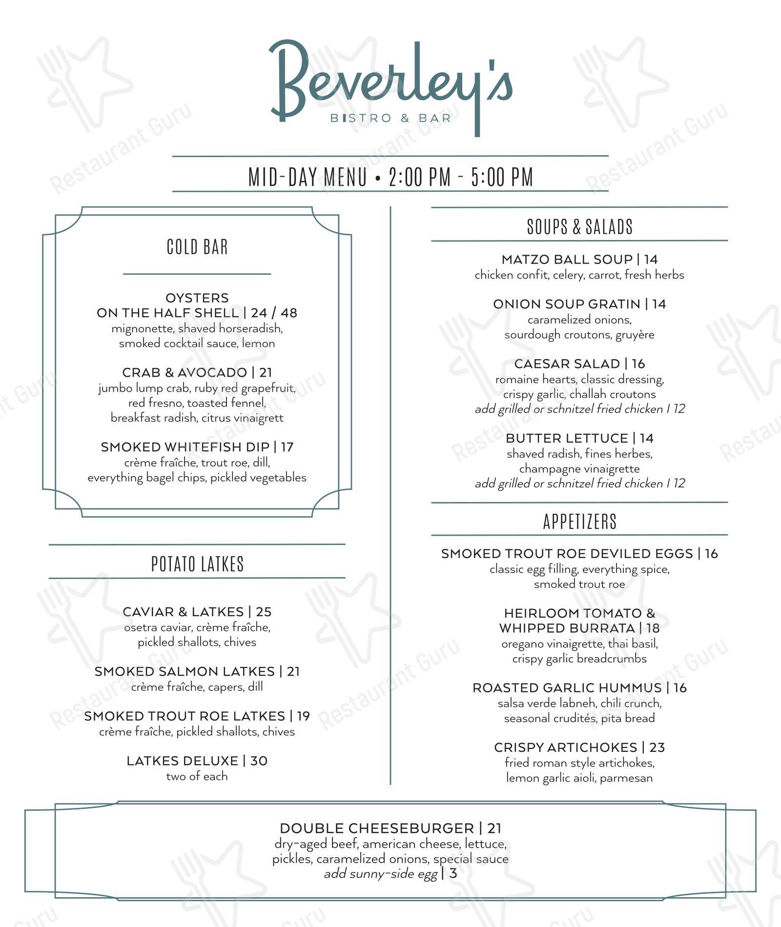 Меню паба и бара Beverley’s Bistro and Bar - Ночное меню