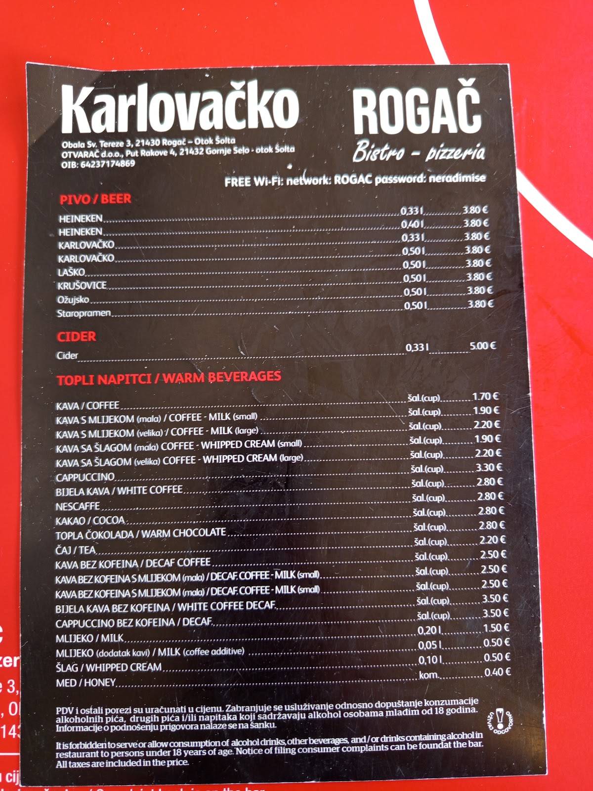 Bistro-Pizzeria ROGAC меню