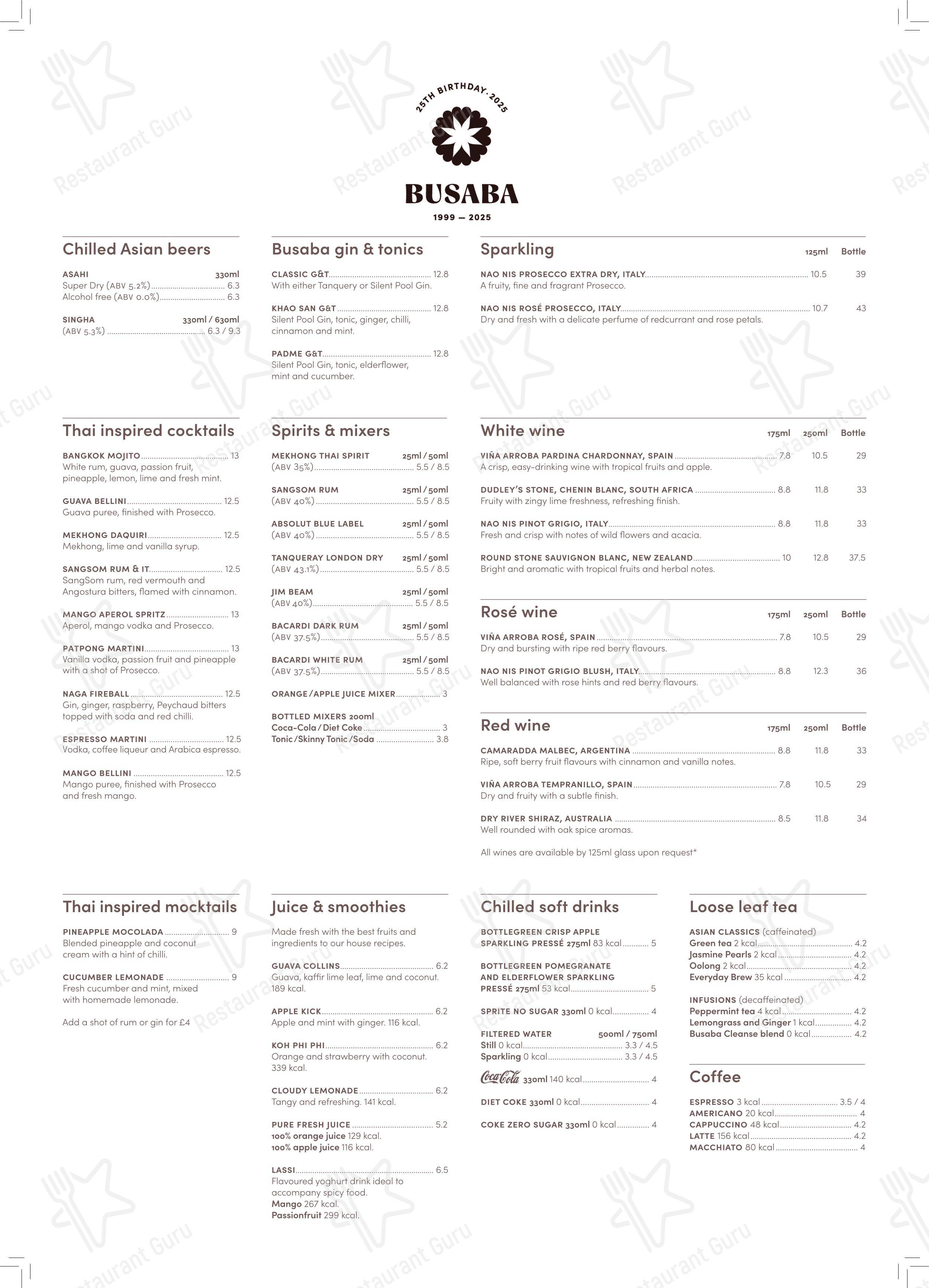 Меню ресторана Busaba Soho в Лондоне