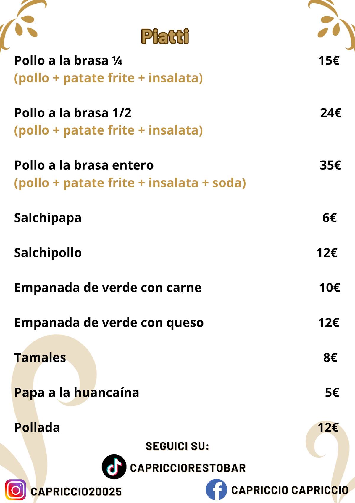 CAPRICCIO RESTOBAR меню
