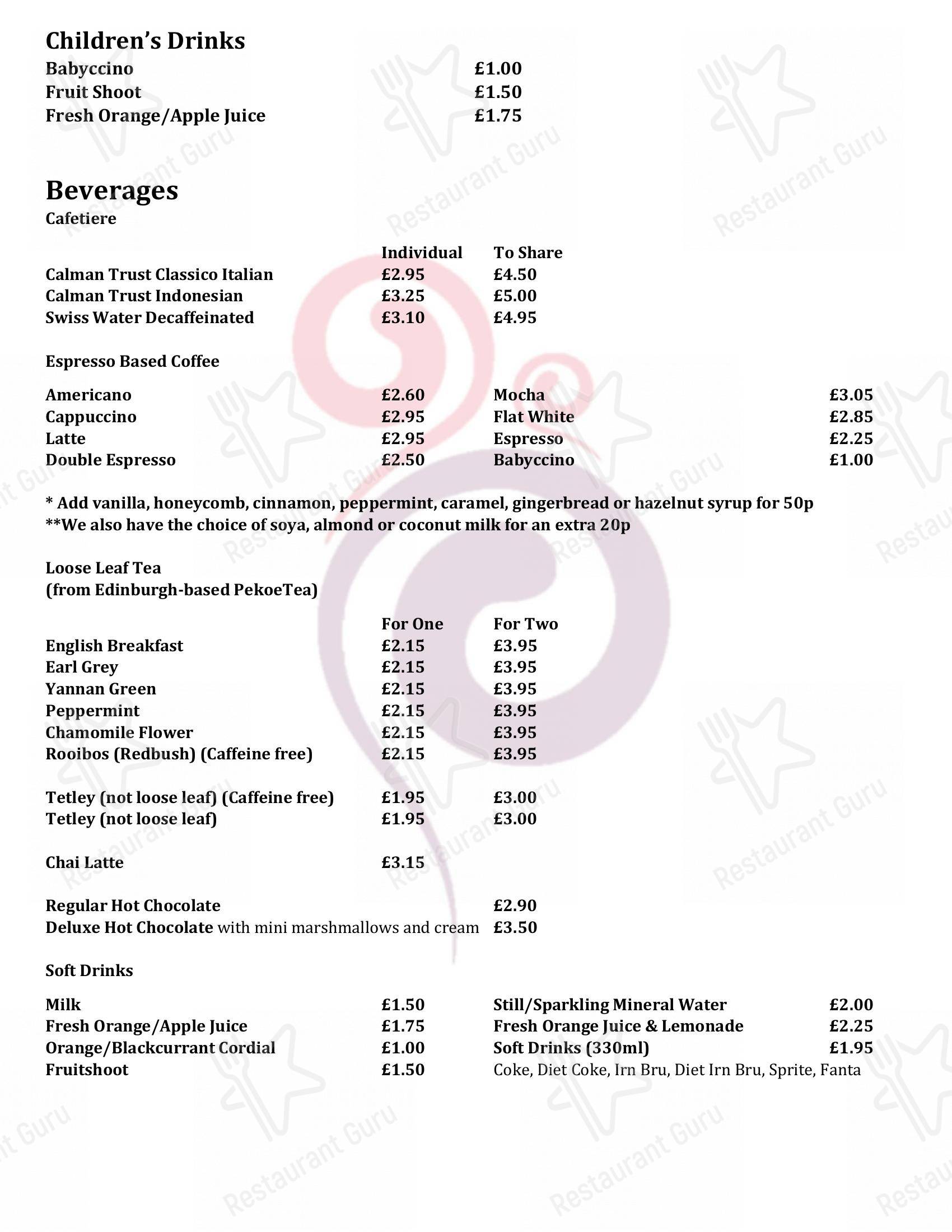 Основное меню кафе Cafe Artysans в Инвернессе