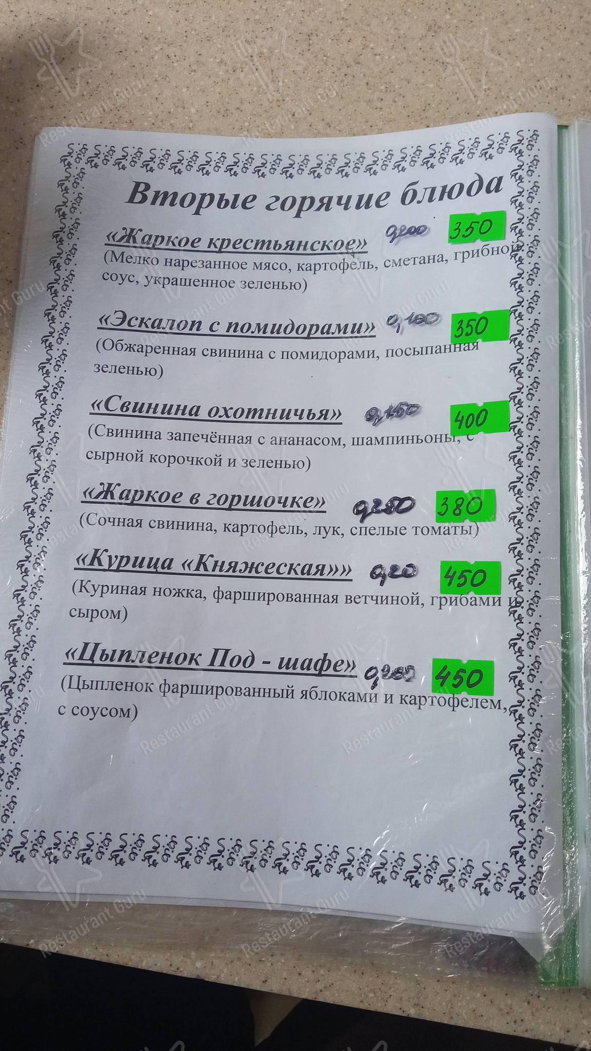 Меню Кафе 