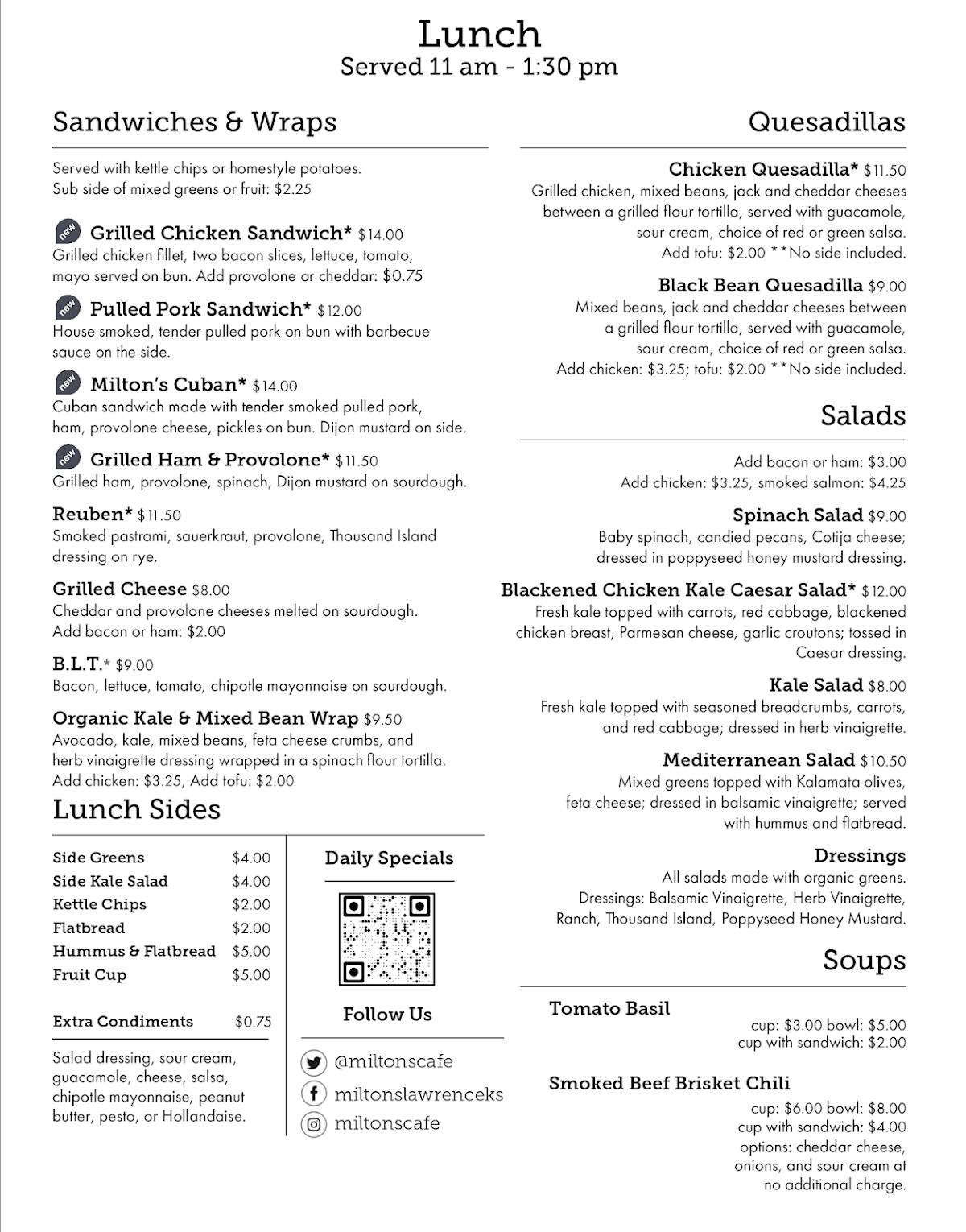 Milton's Café меню