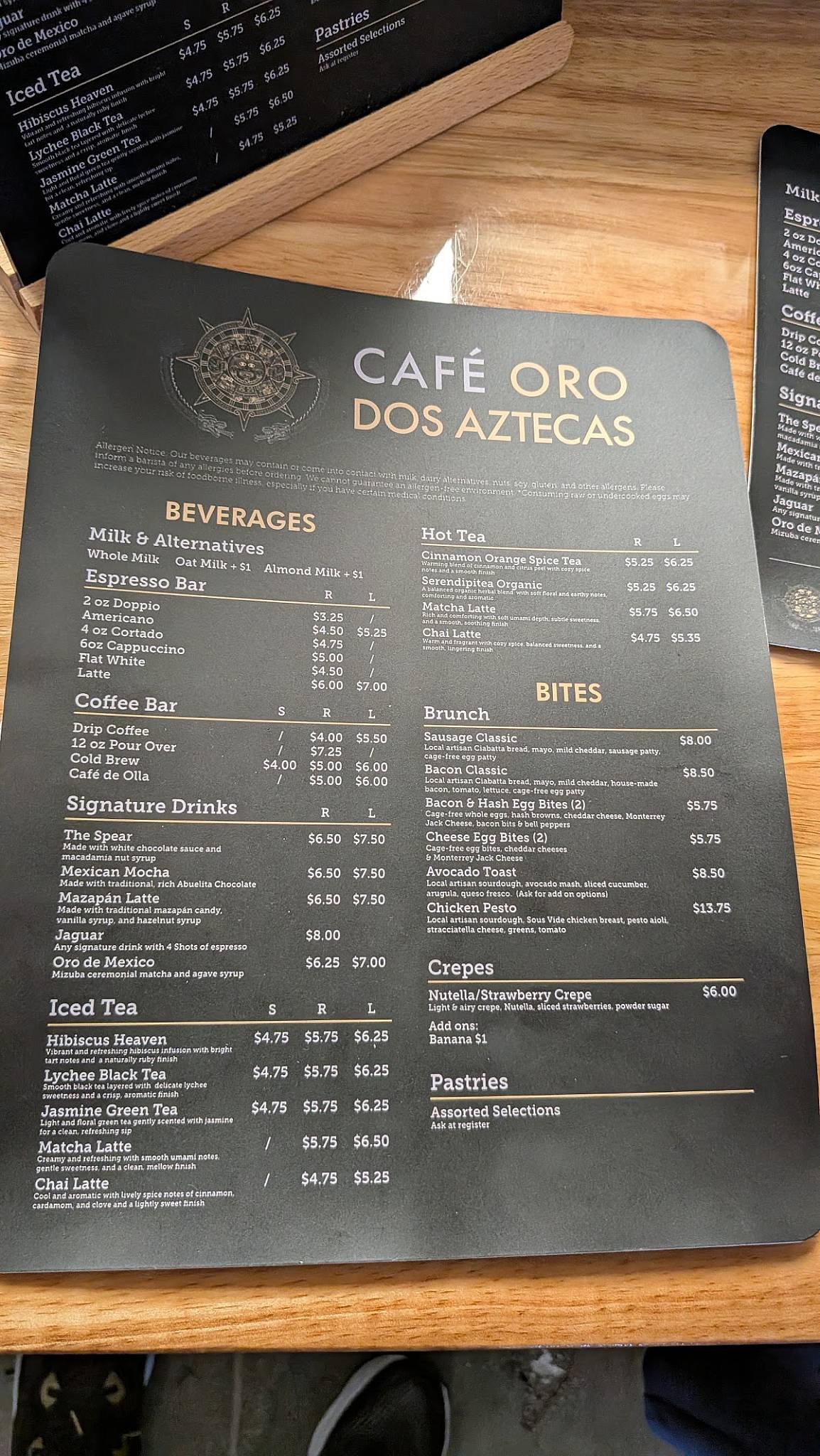 Cafe Oro Dos Aztecas меню