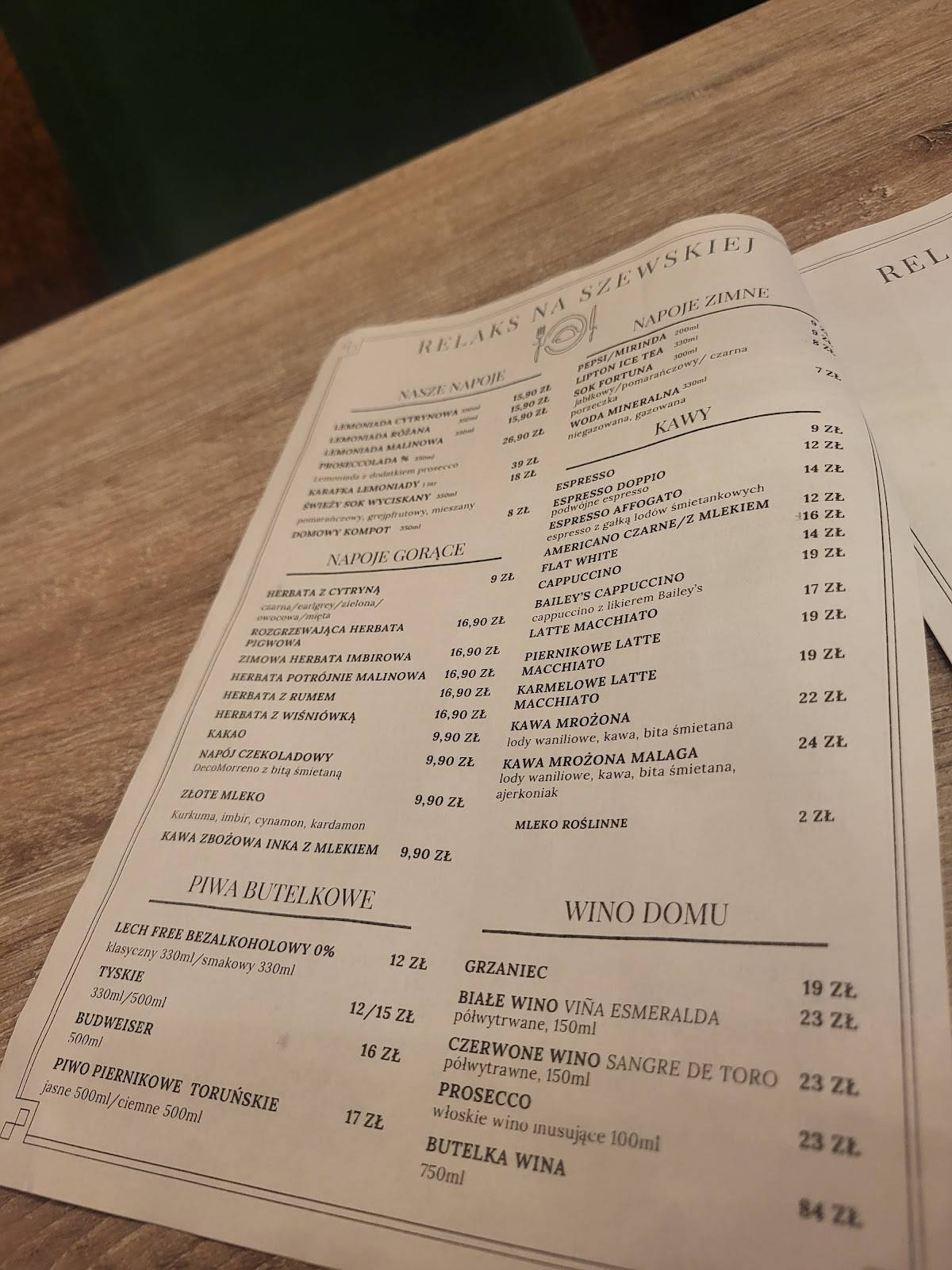 Cafe Relaks na Szewskiej меню