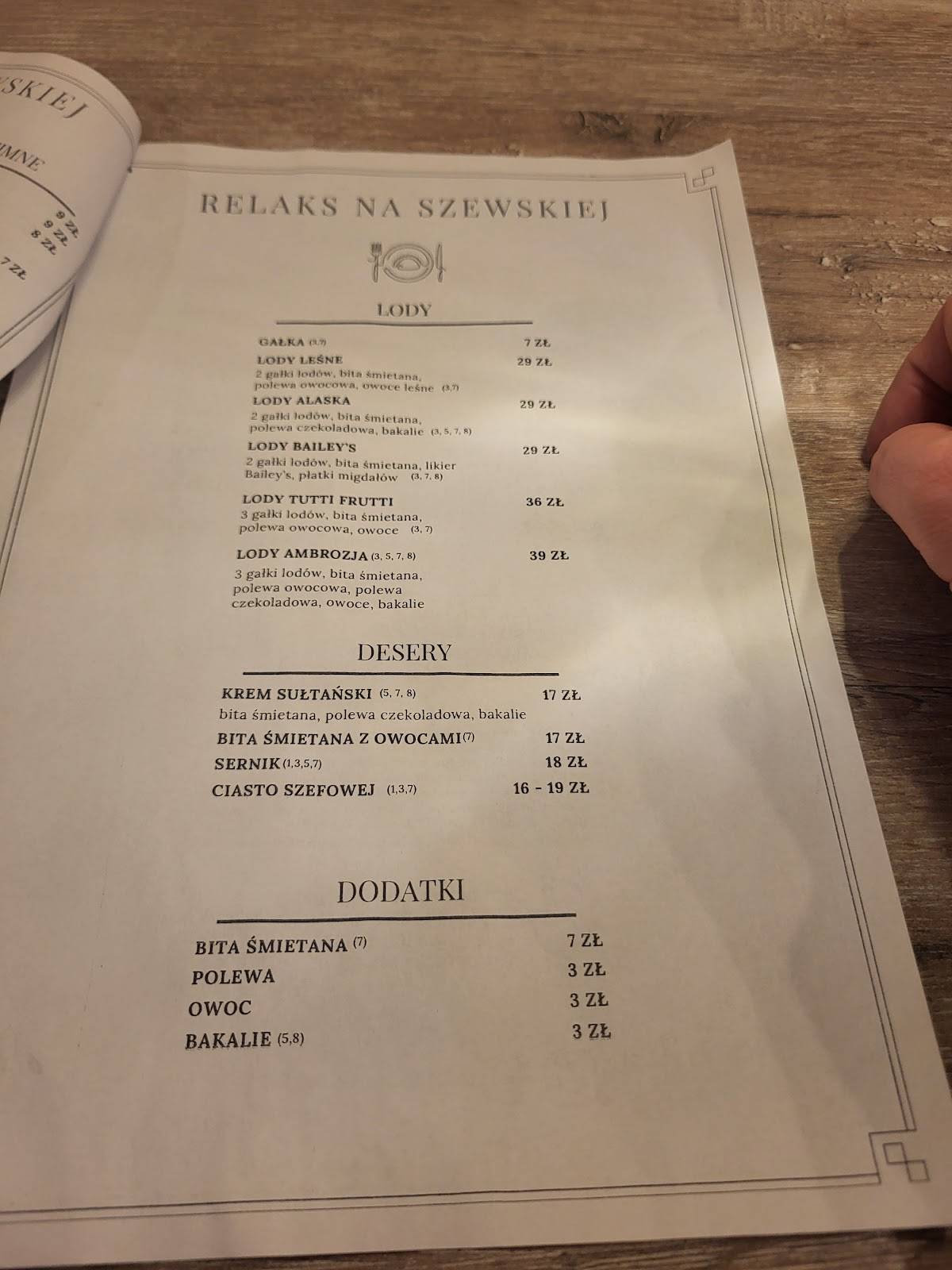 Cafe Relaks na Szewskiej меню