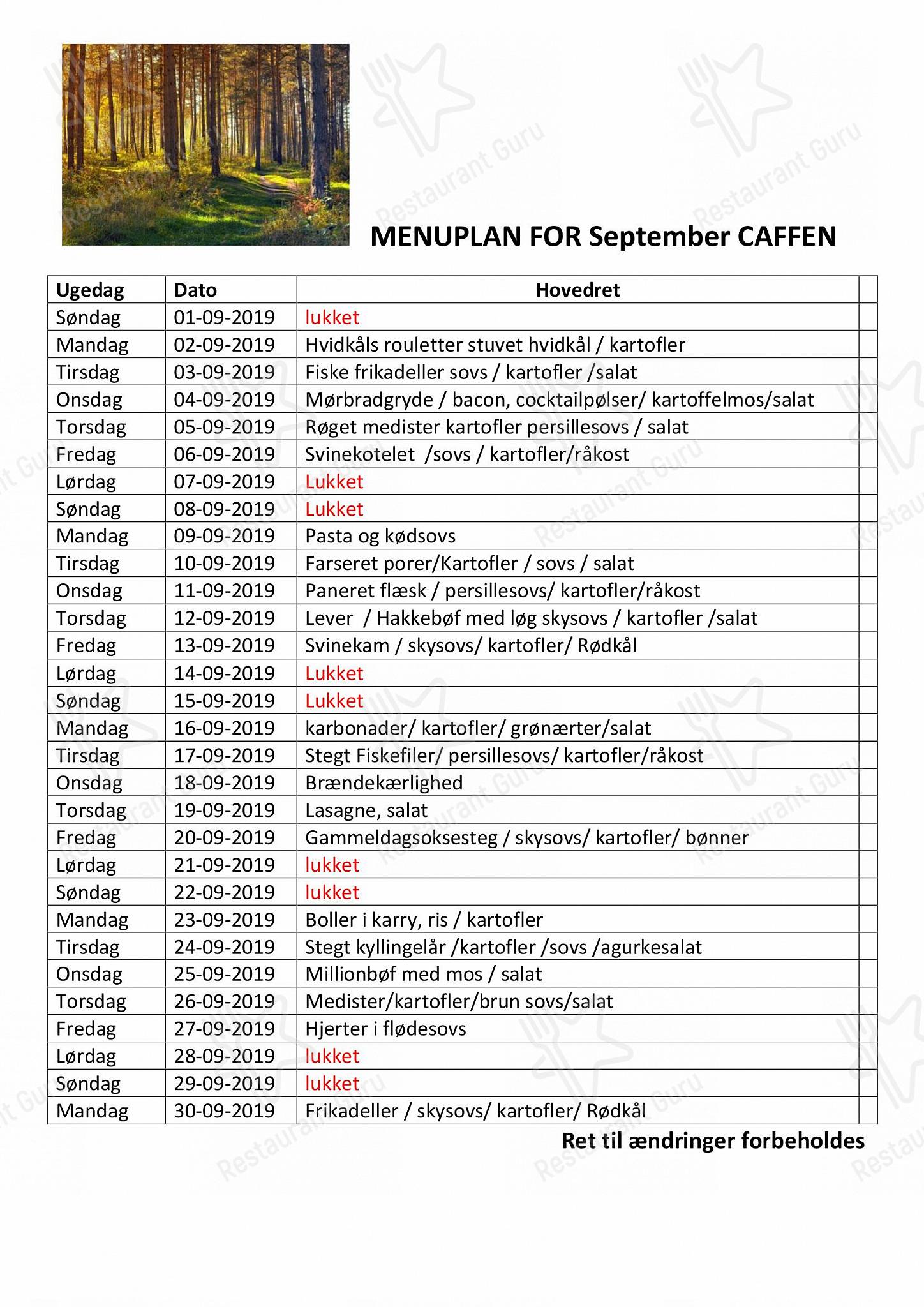 Lunch Menu ресторана Cafe Vejlby в Рисскове