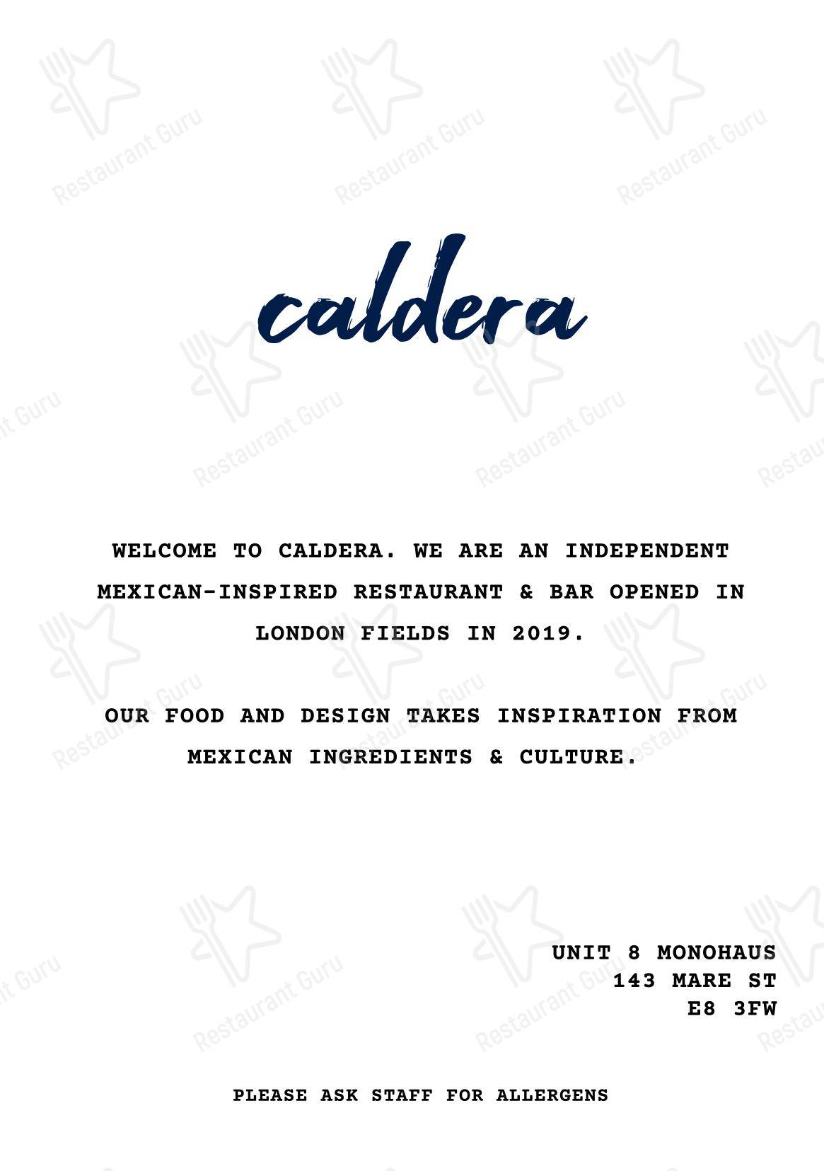 菜单 паба и бара Caldera в Лондоне
