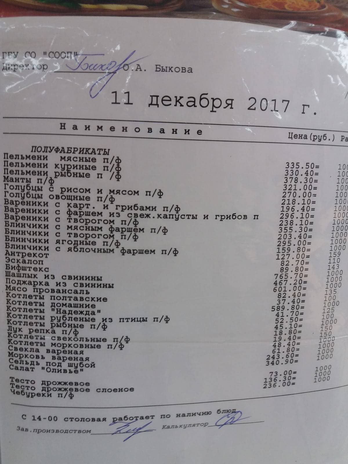 Служба обеспечения общественного питания Столовая меню