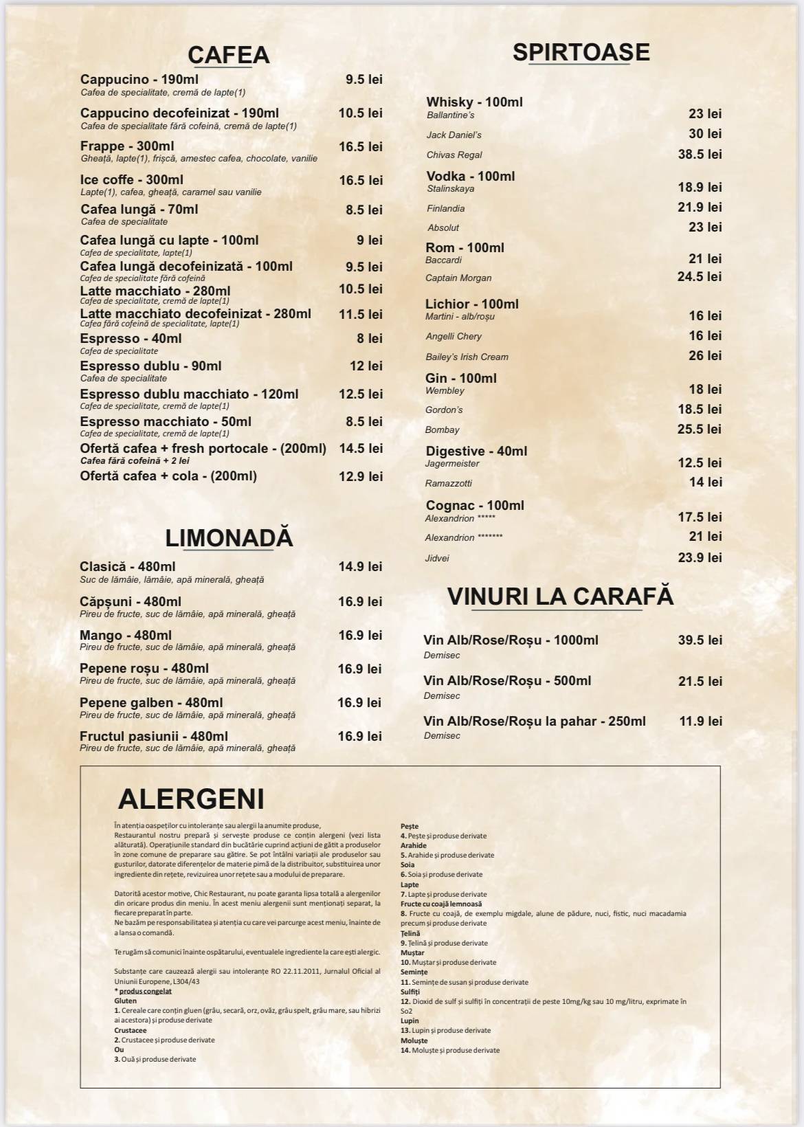 Chic Restaurant and Lounge меню
