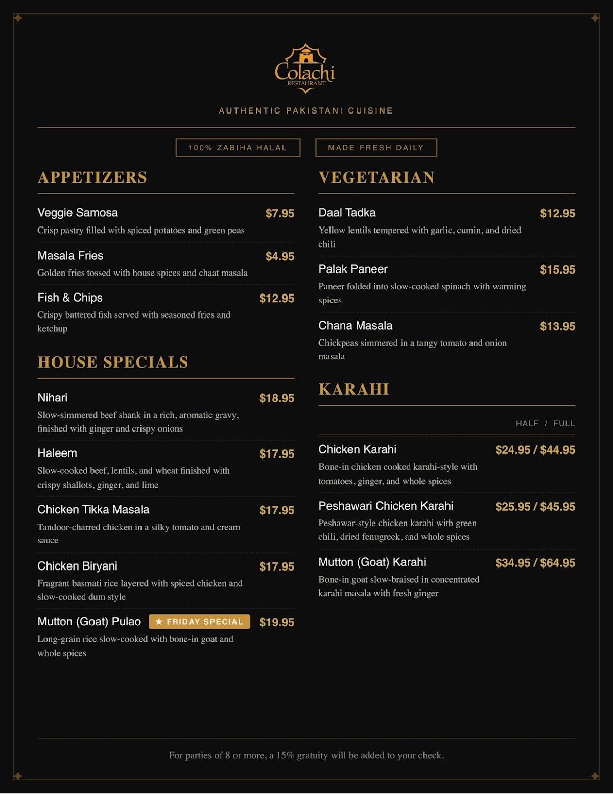 Colachi Halal Pakistani Restaurant меню