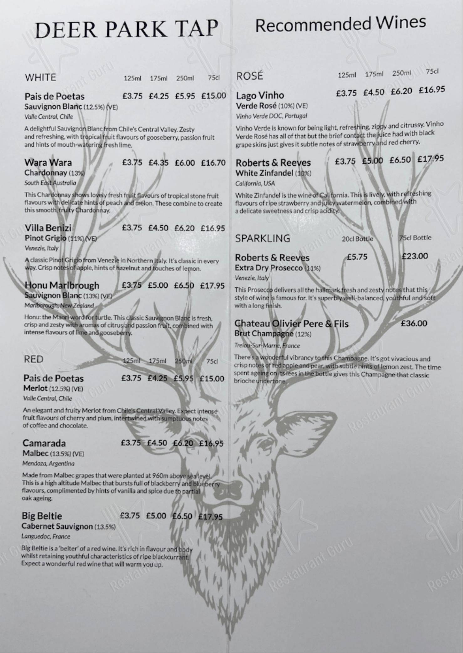 Меню напитков паба и бара Deer Park Tap в Ротереме