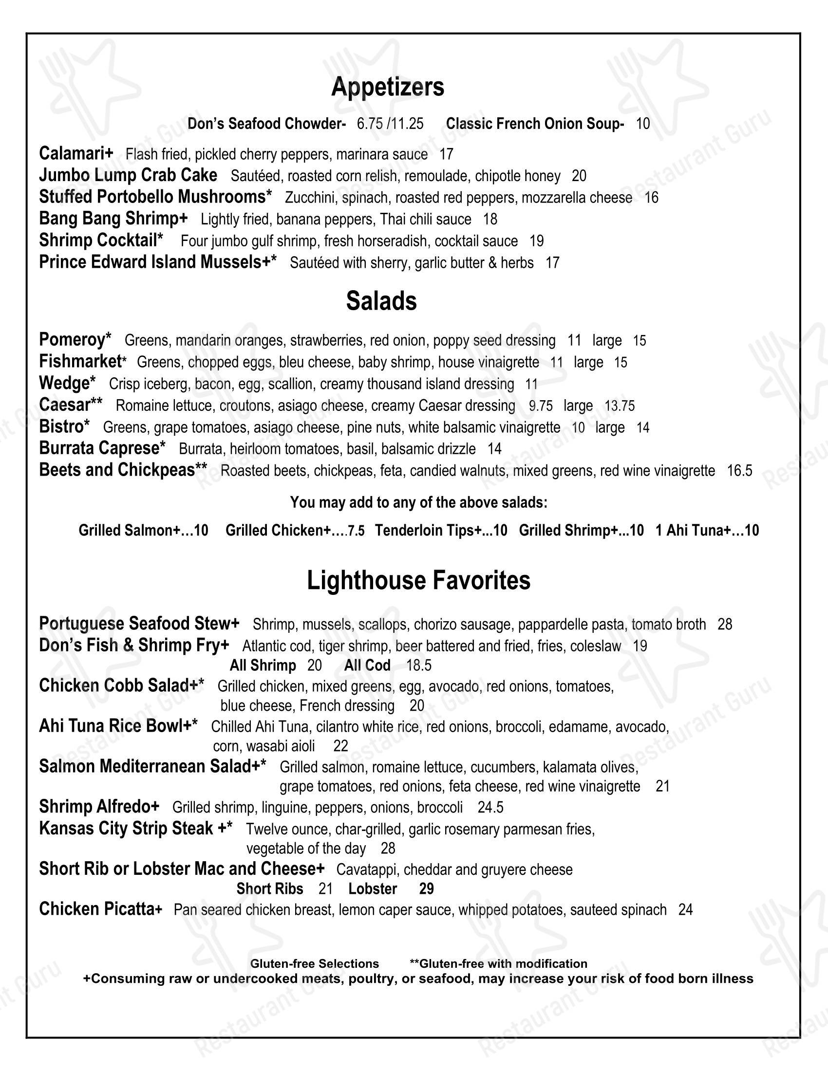 Основное меню стейк хауса Don's Lighthouse Grille