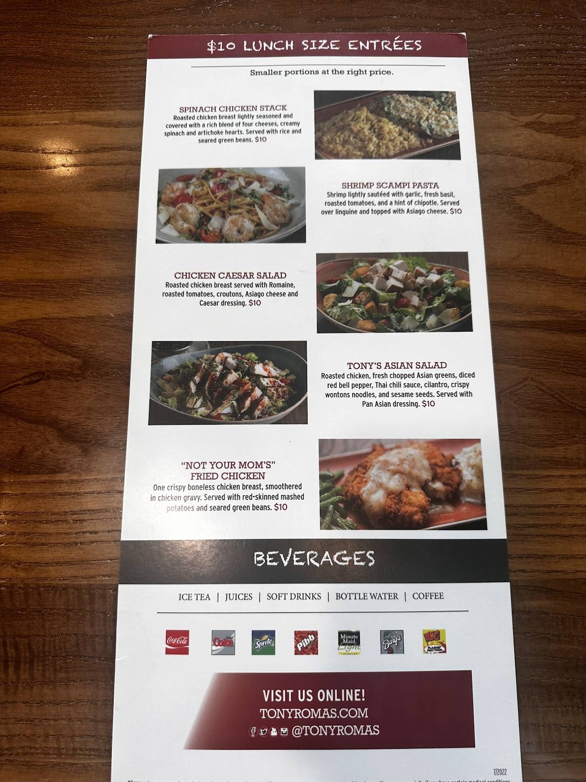 Tony Roma's меню