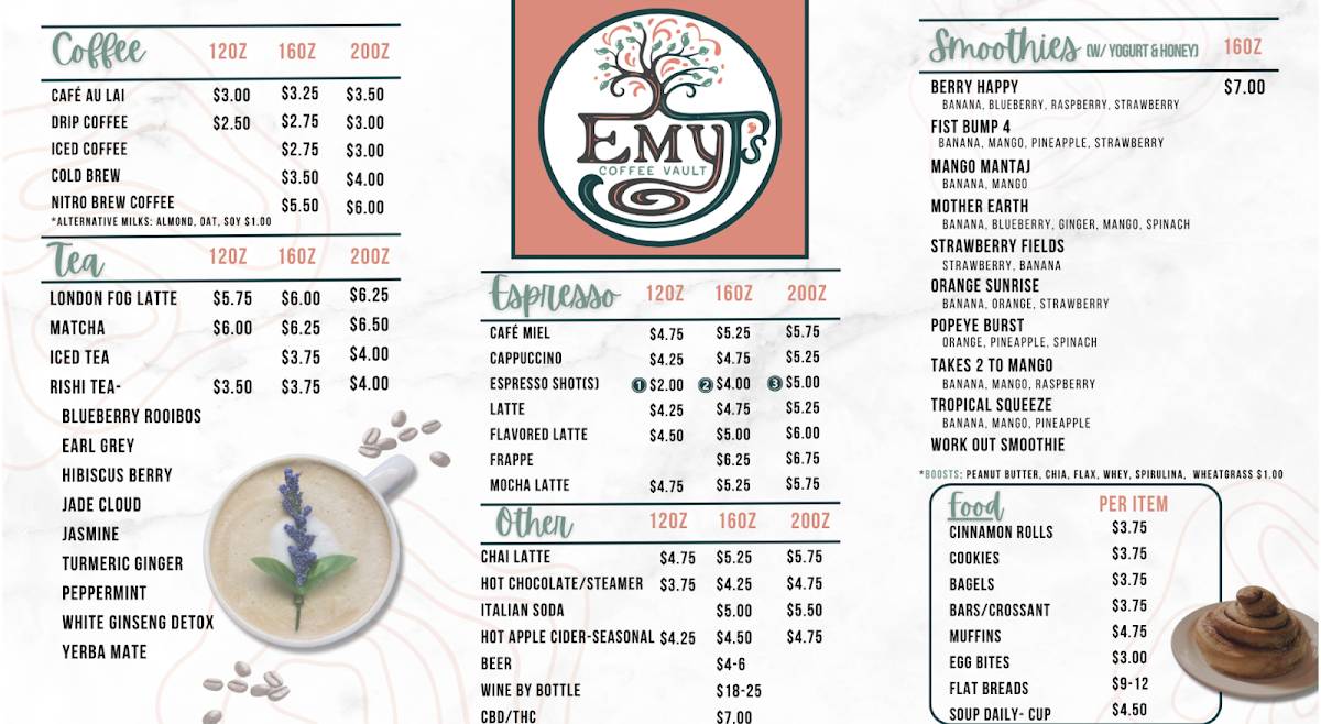 Emy J's CoffeeHouse and Emy J's Coffee Vault меню