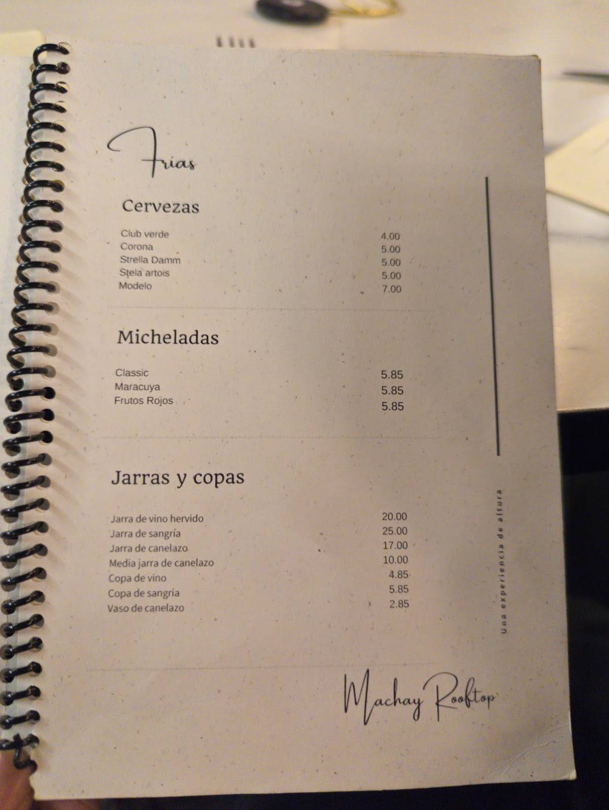 Experiencia Machay Rooftop меню
