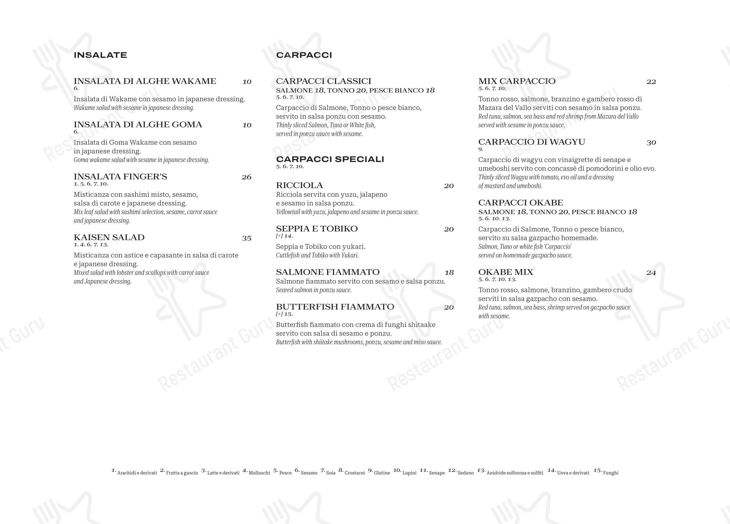 Меню напитков ресторана Finger's Restaurant Rome в Риме
