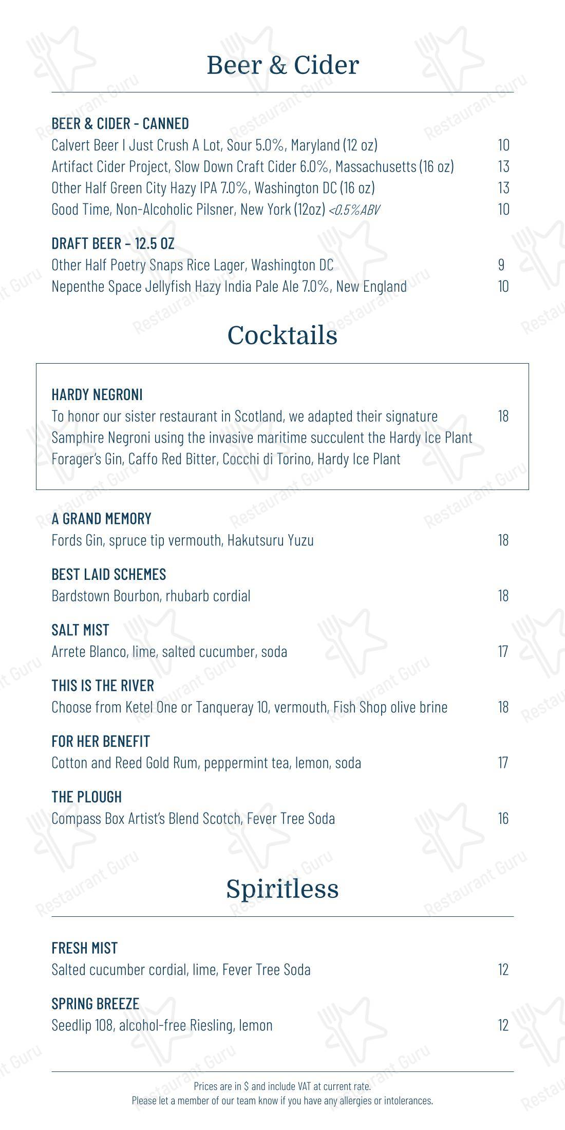 Fish Shop Restaurant в Вашингтоне - Меню