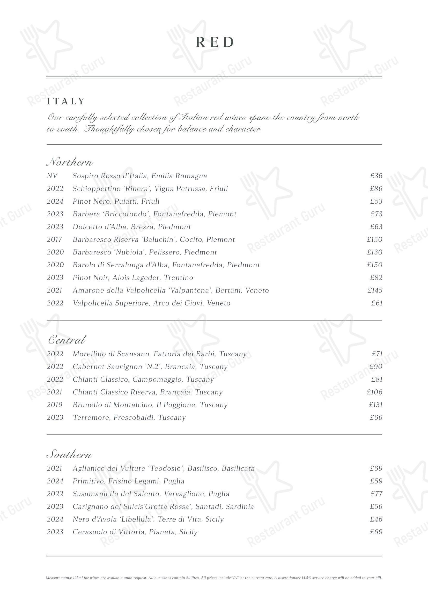 Wine Menu паба и бара Fiume в Лондоне