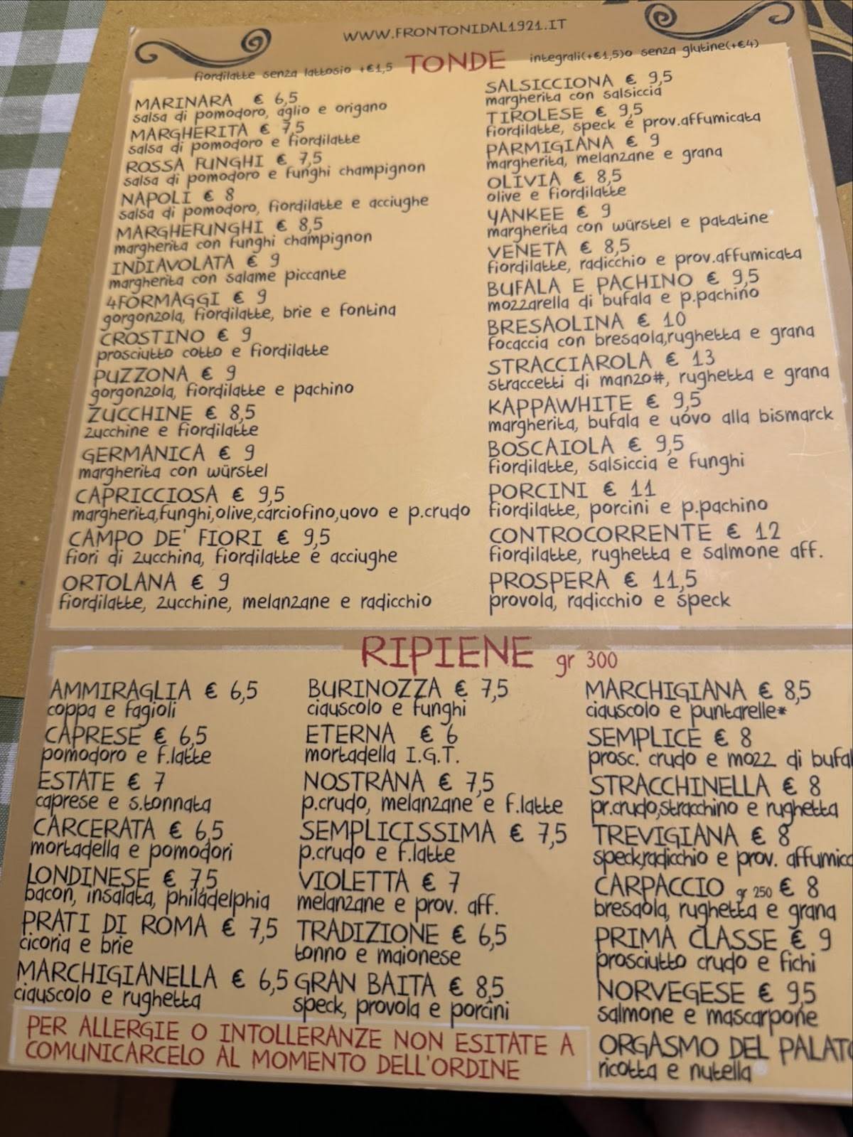 Frontoni dal 1921 меню