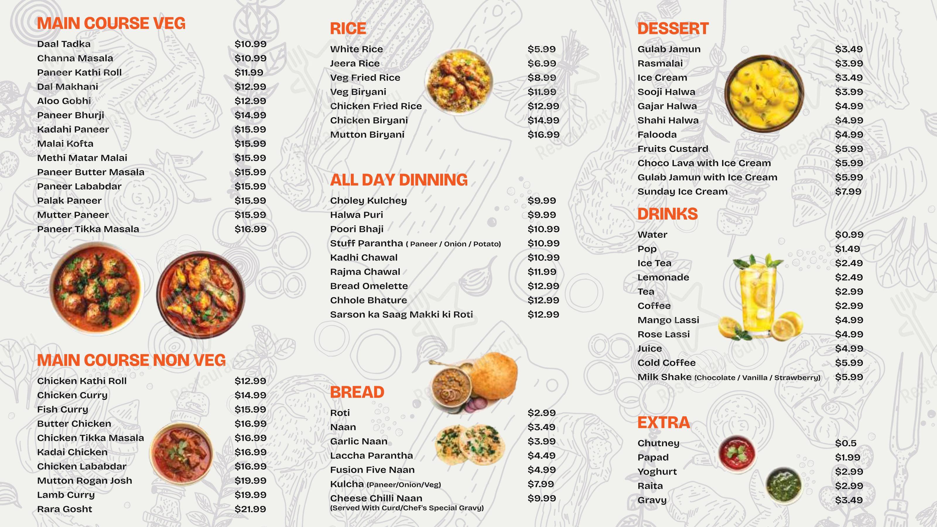 Fusion Five Restaurant (Indian, Indo-Chinese, Tandoori Delight, Sweets & Chaat) в Ватерлоо - Меню