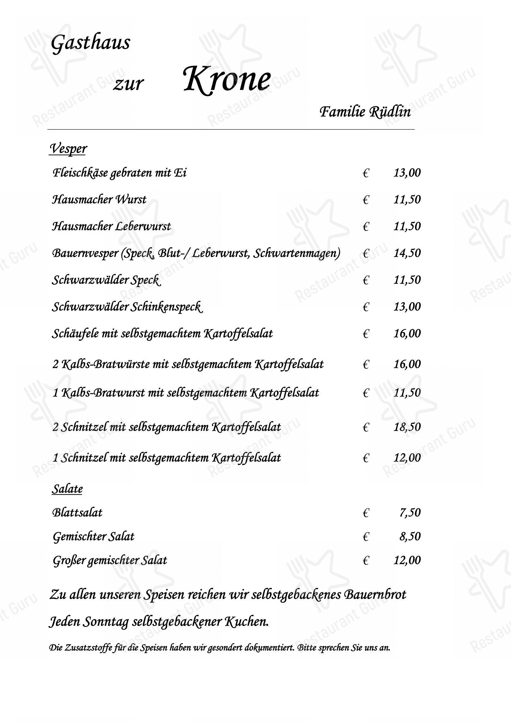 Меню ресторана Gasthaus Krone в Мюльхайме