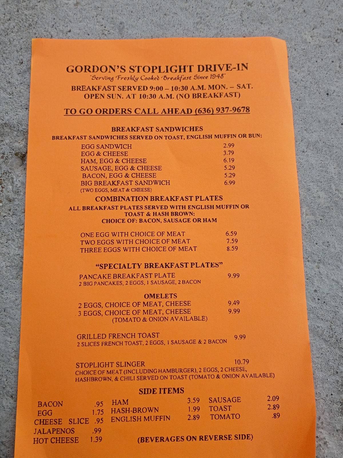 Gordon's Stop Light Drive In меню