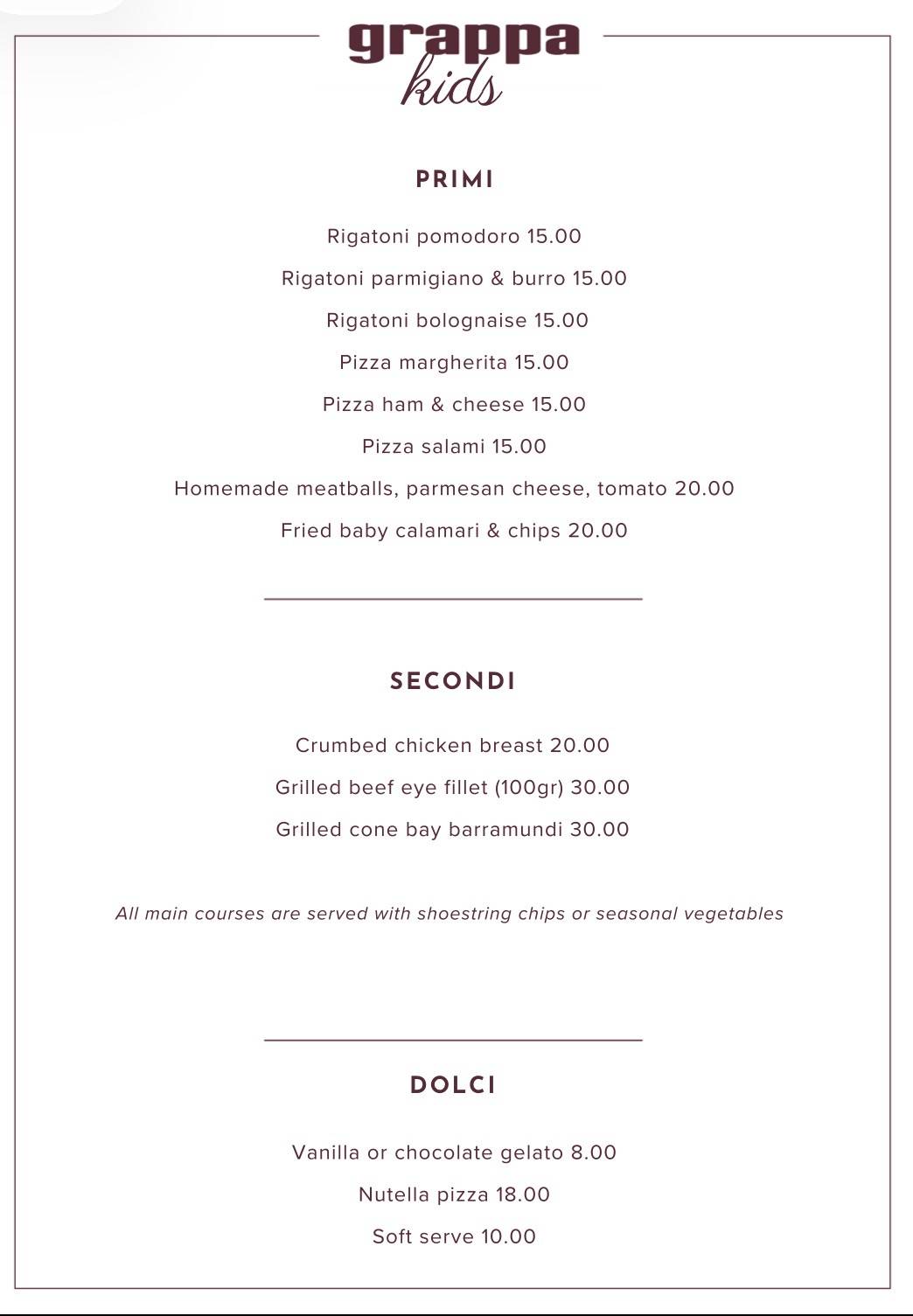 Grappa Ristorante e Bar The Rocks меню