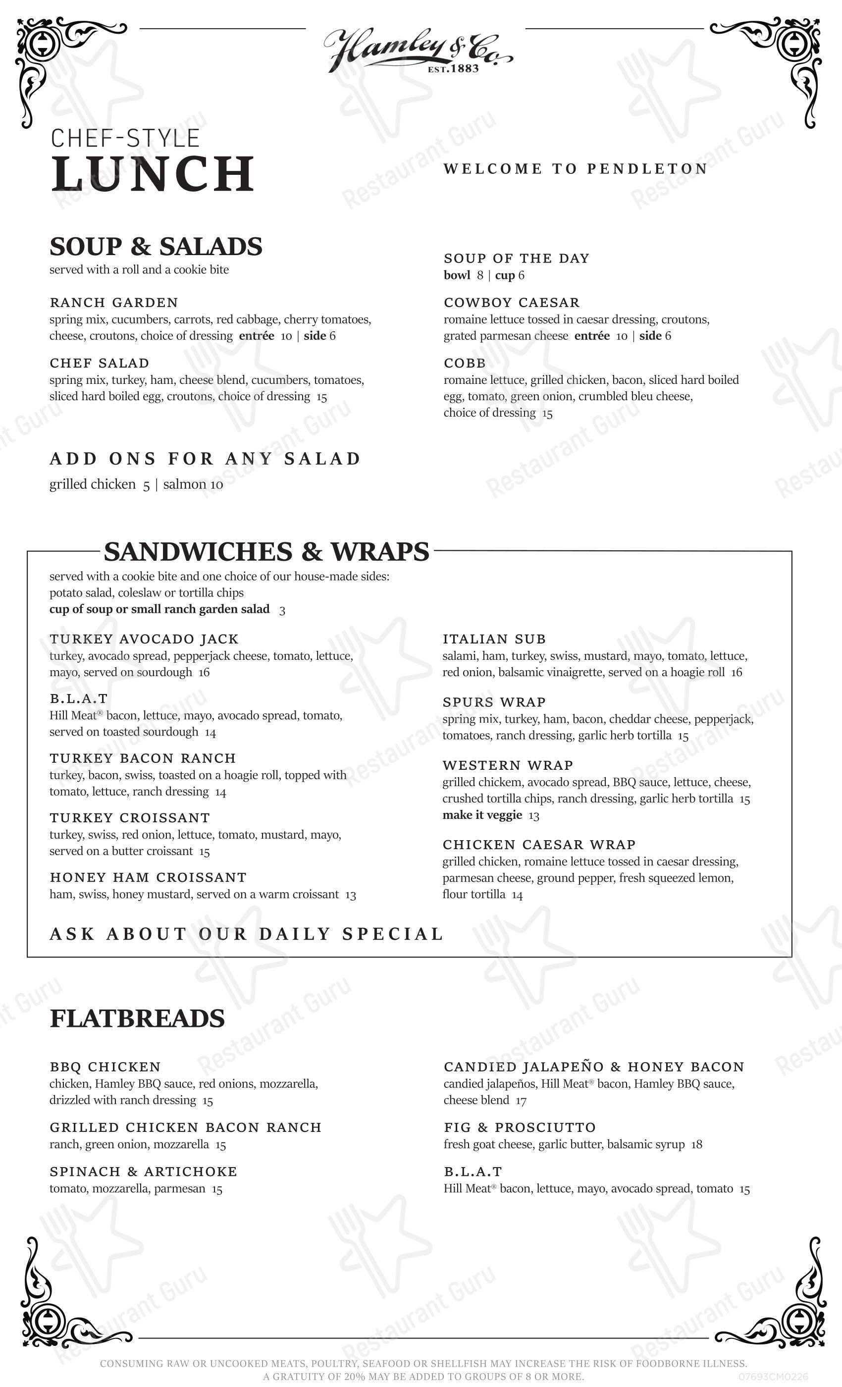 Hamley Cafe в Пендлтоне - Dinner Menu
