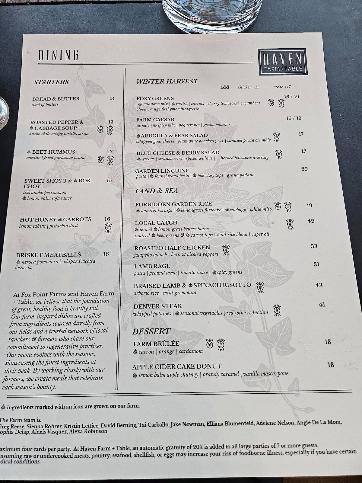 Haven Farm + Table меню