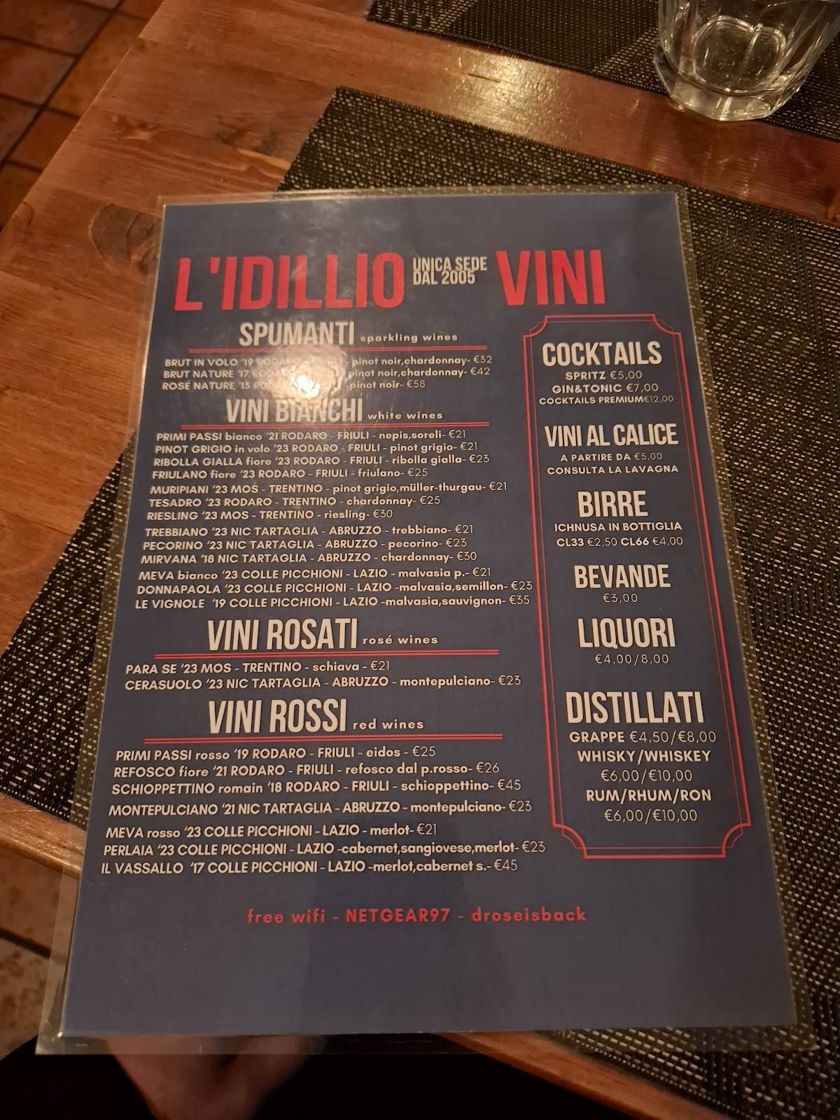Vineria l'Idillio меню
