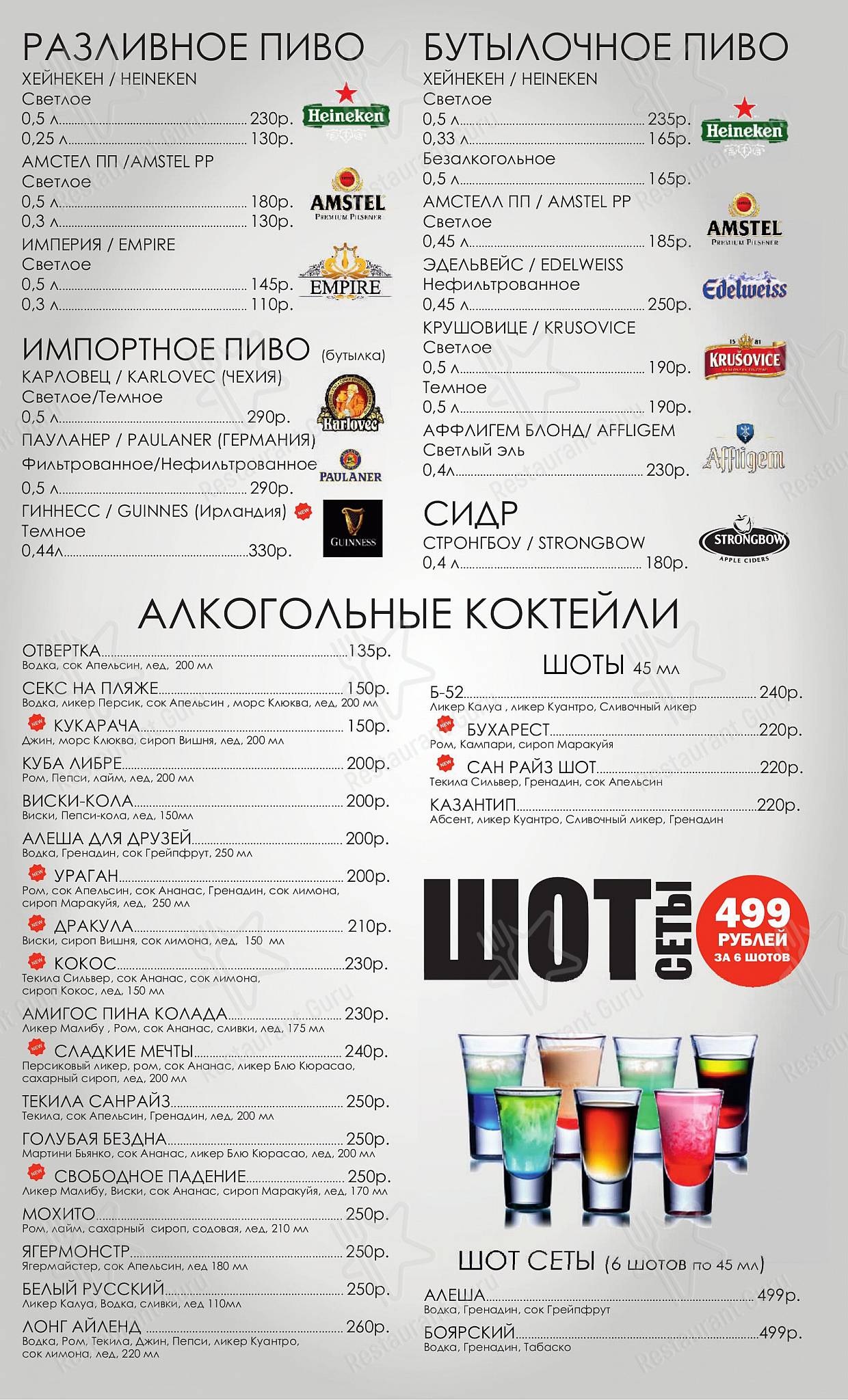 Меню кафе Империя боулинга - Ночное меню